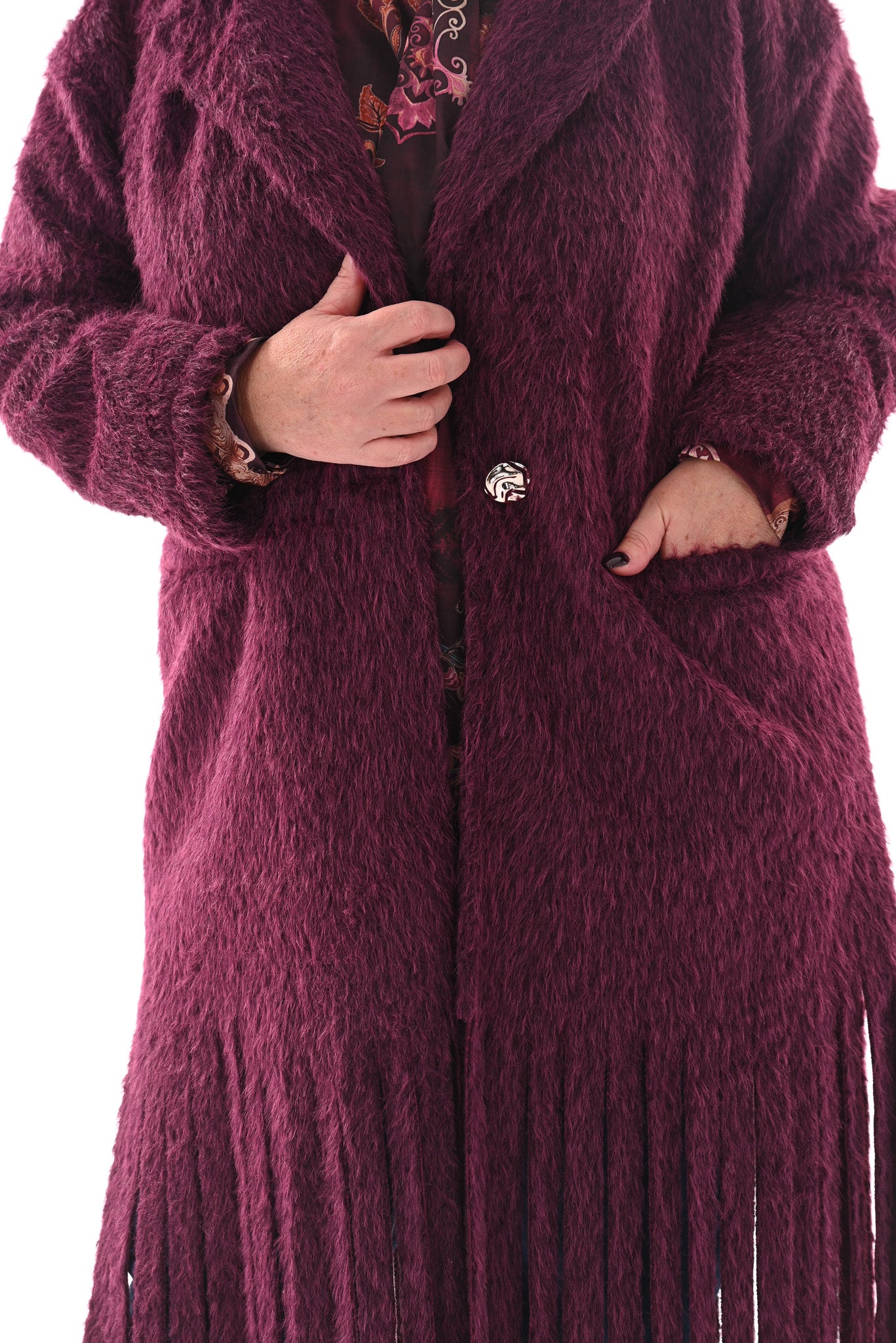 Faux fur jas franjes aubergine