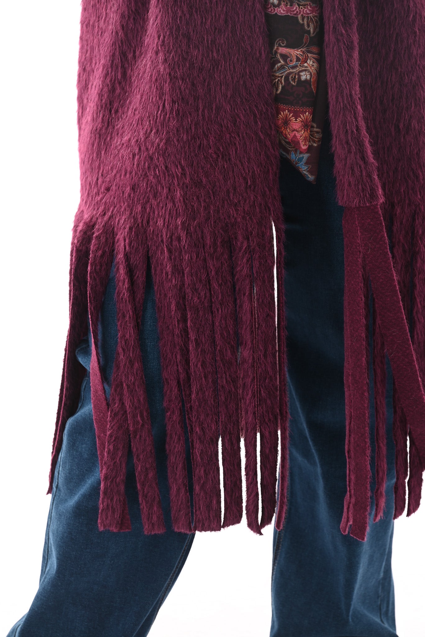 Faux fur jas franjes aubergine