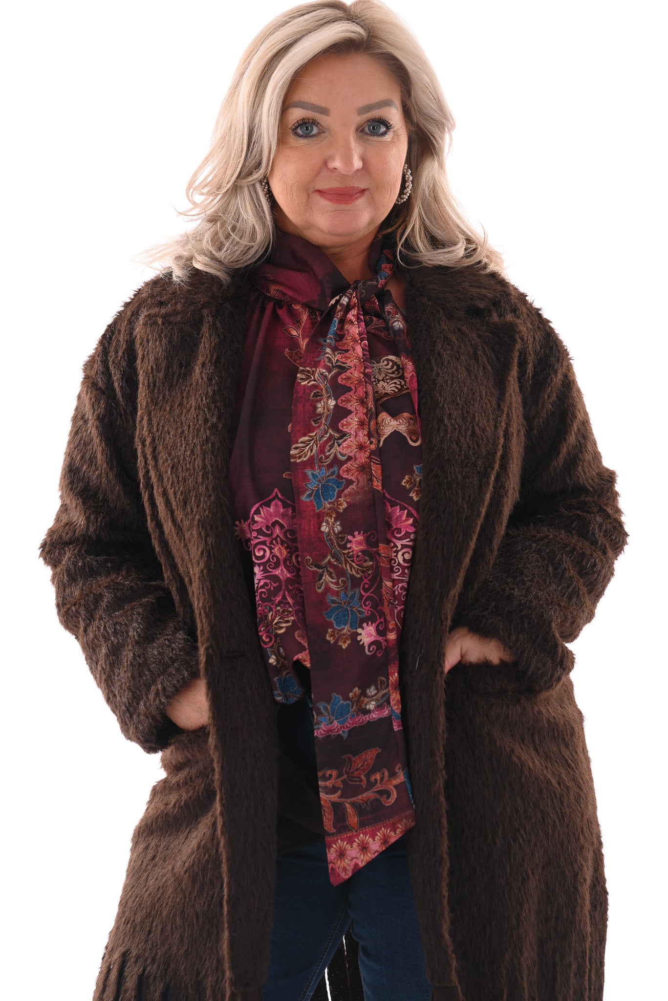 Faux fur jas franjes bruin