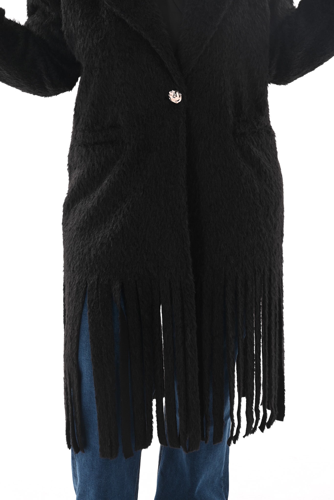 Faux fur jas franjes zwart