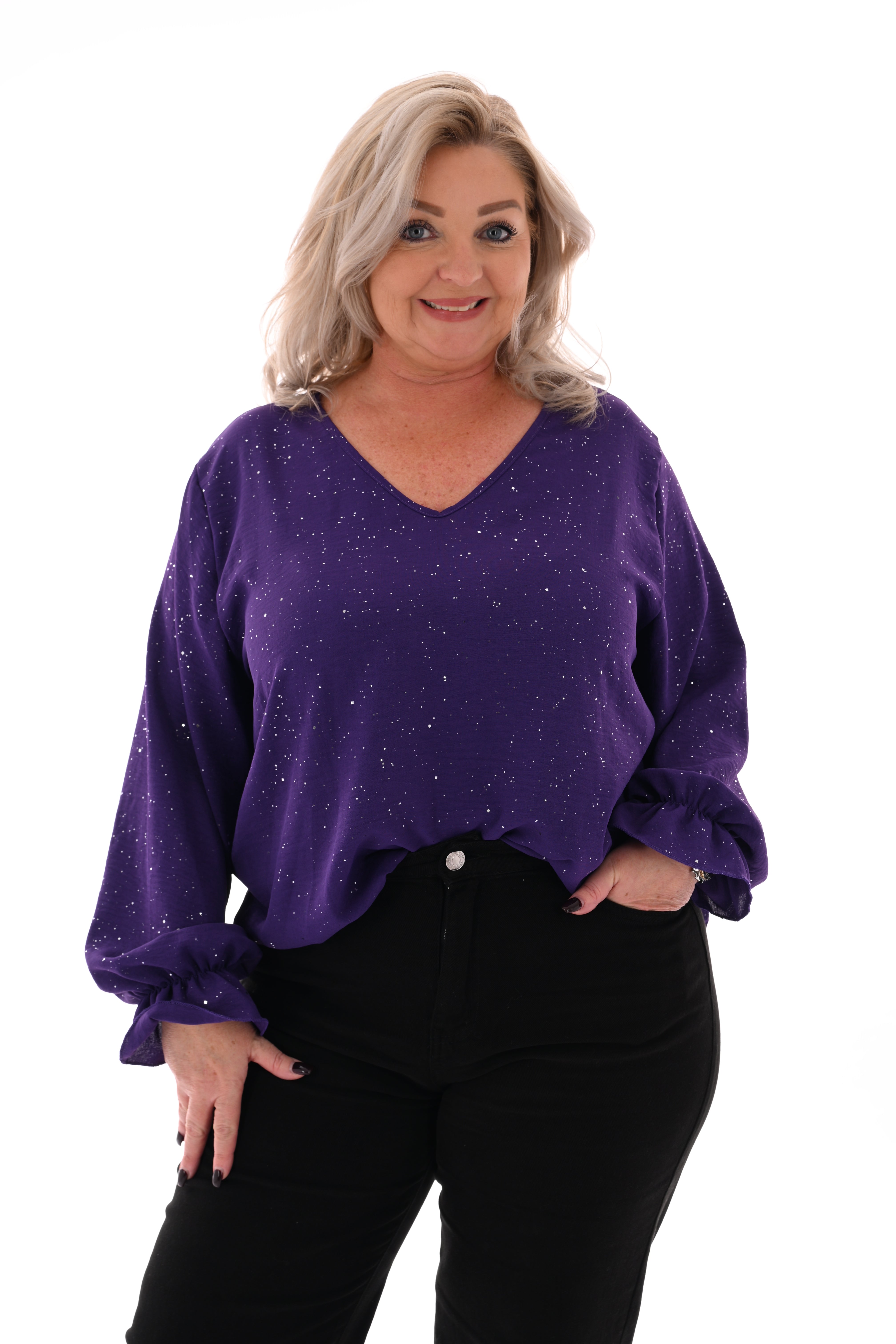 Blouse v-hals trompetmouwen paars