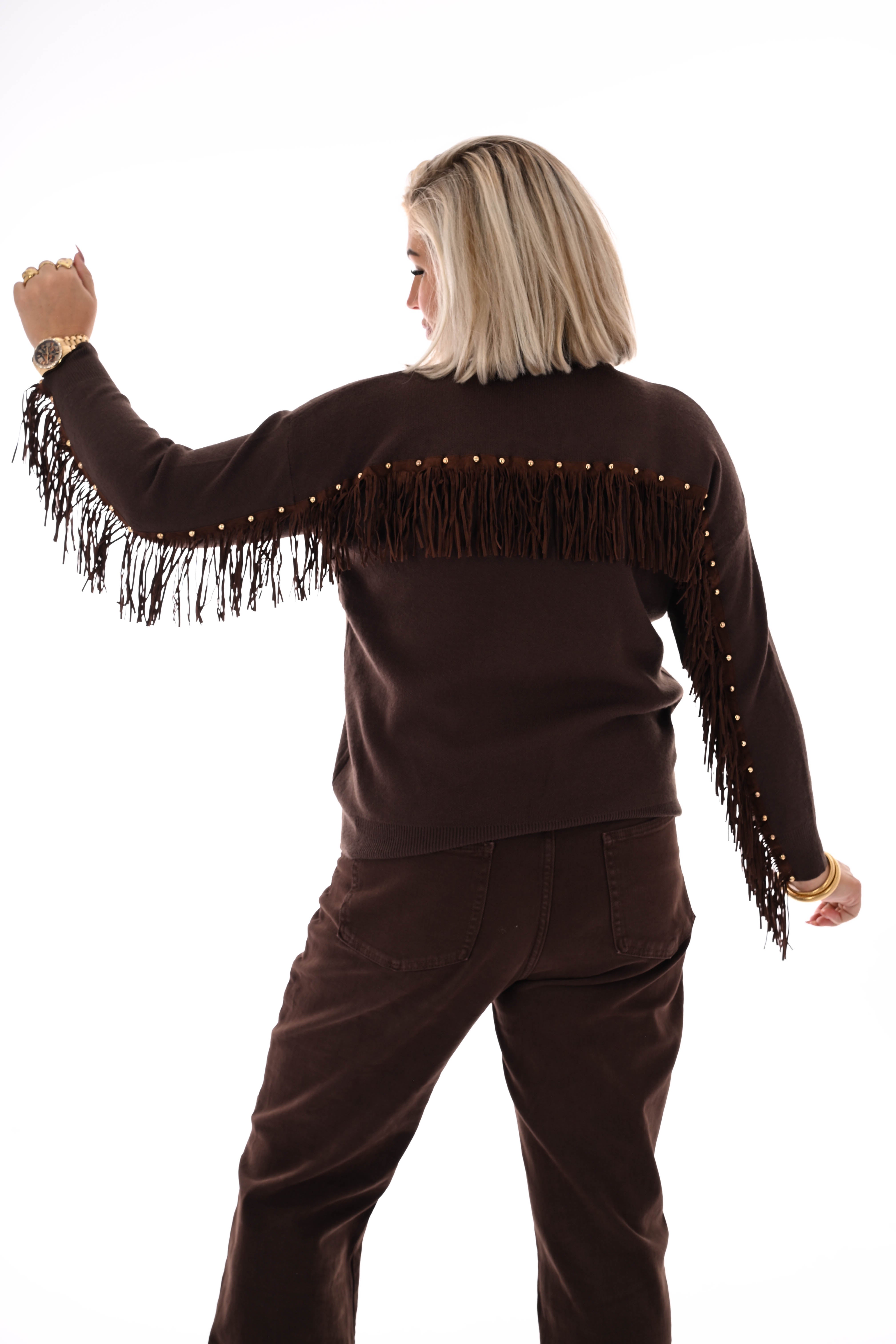 Trui ronde hals franjes met studs bruin