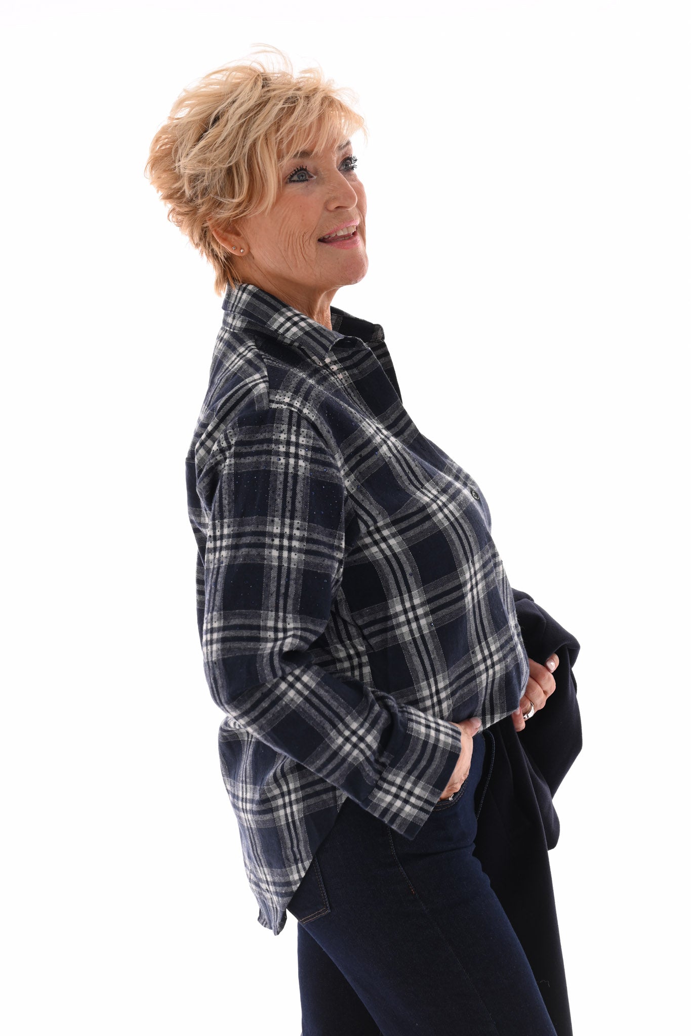Houthakkers blouse met strass marineblauw