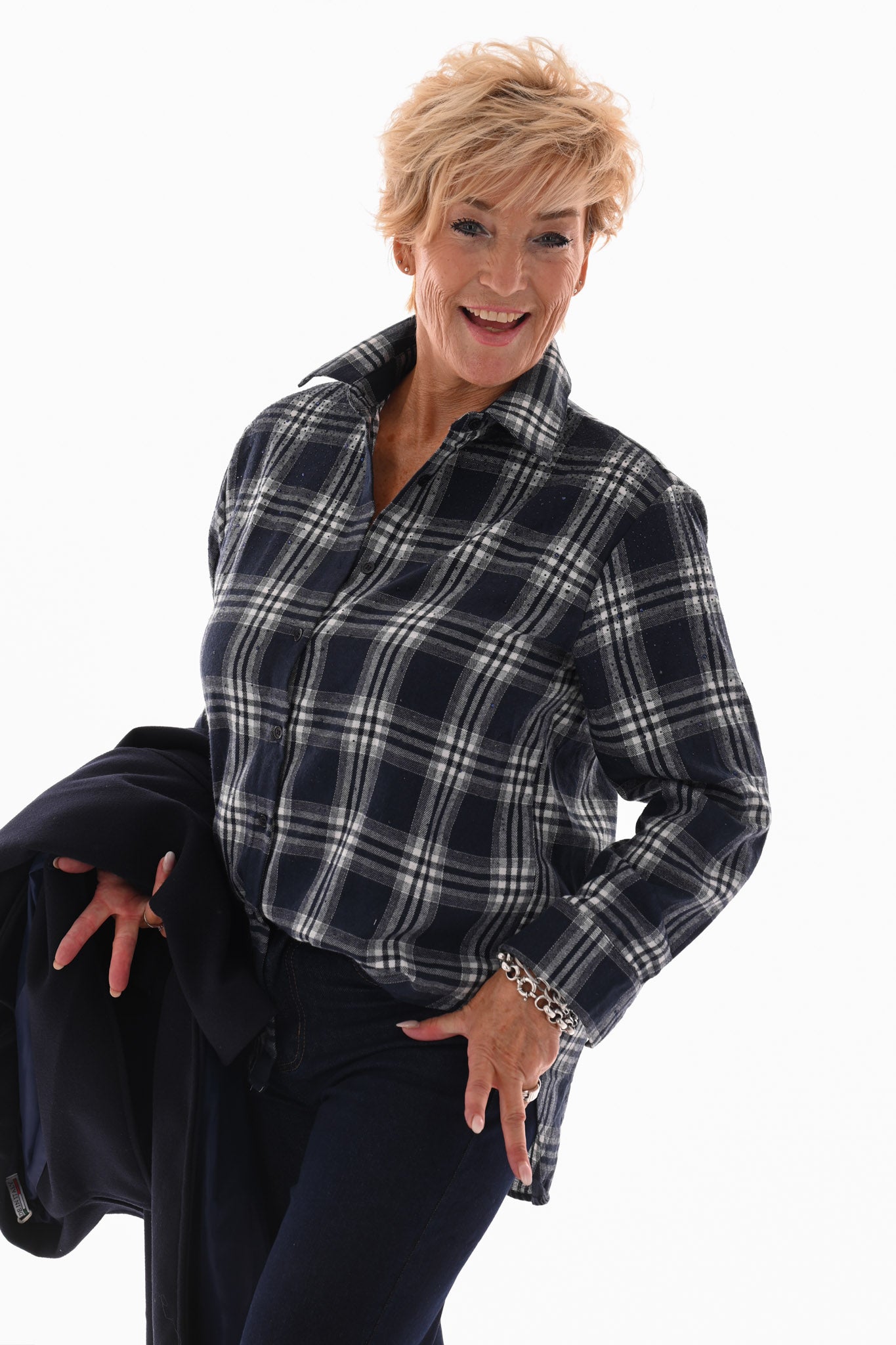 Houthakkers blouse met strass marineblauw