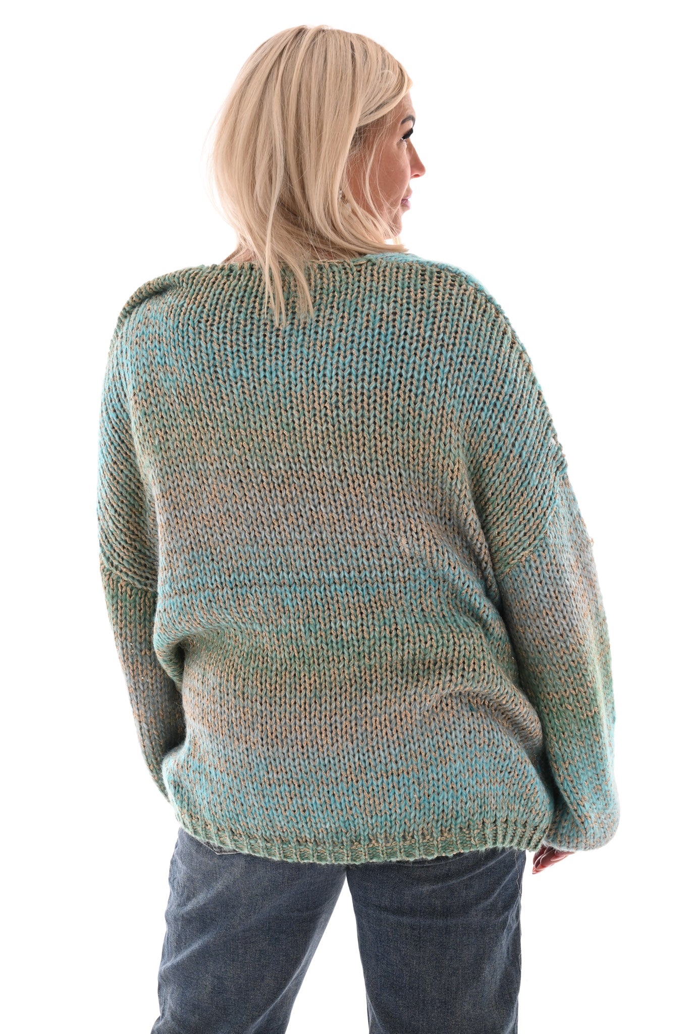 Gebreide trui gekleurd met franjes blauw