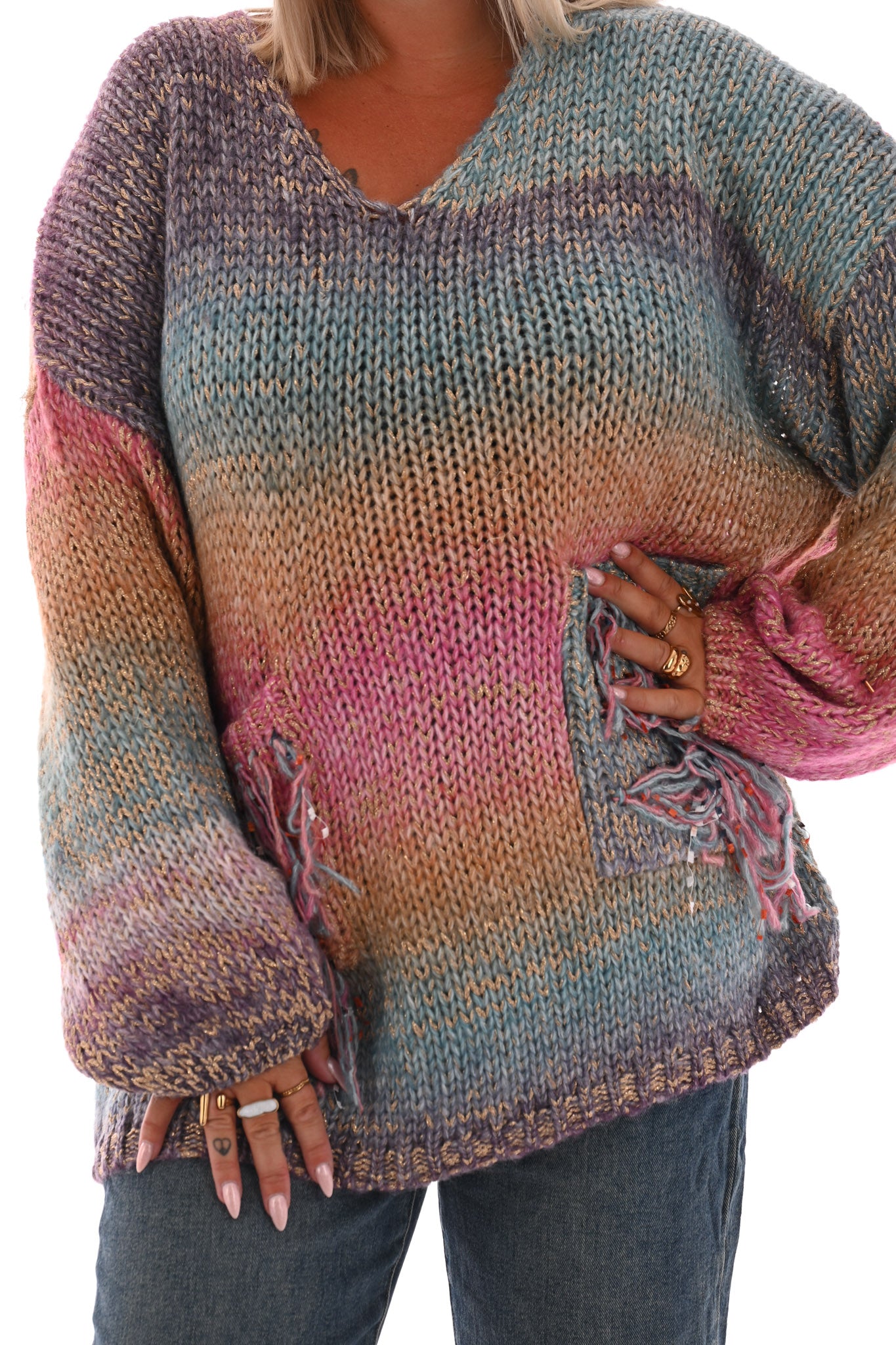 Gebreide trui gekleurd met franjes paars/roze