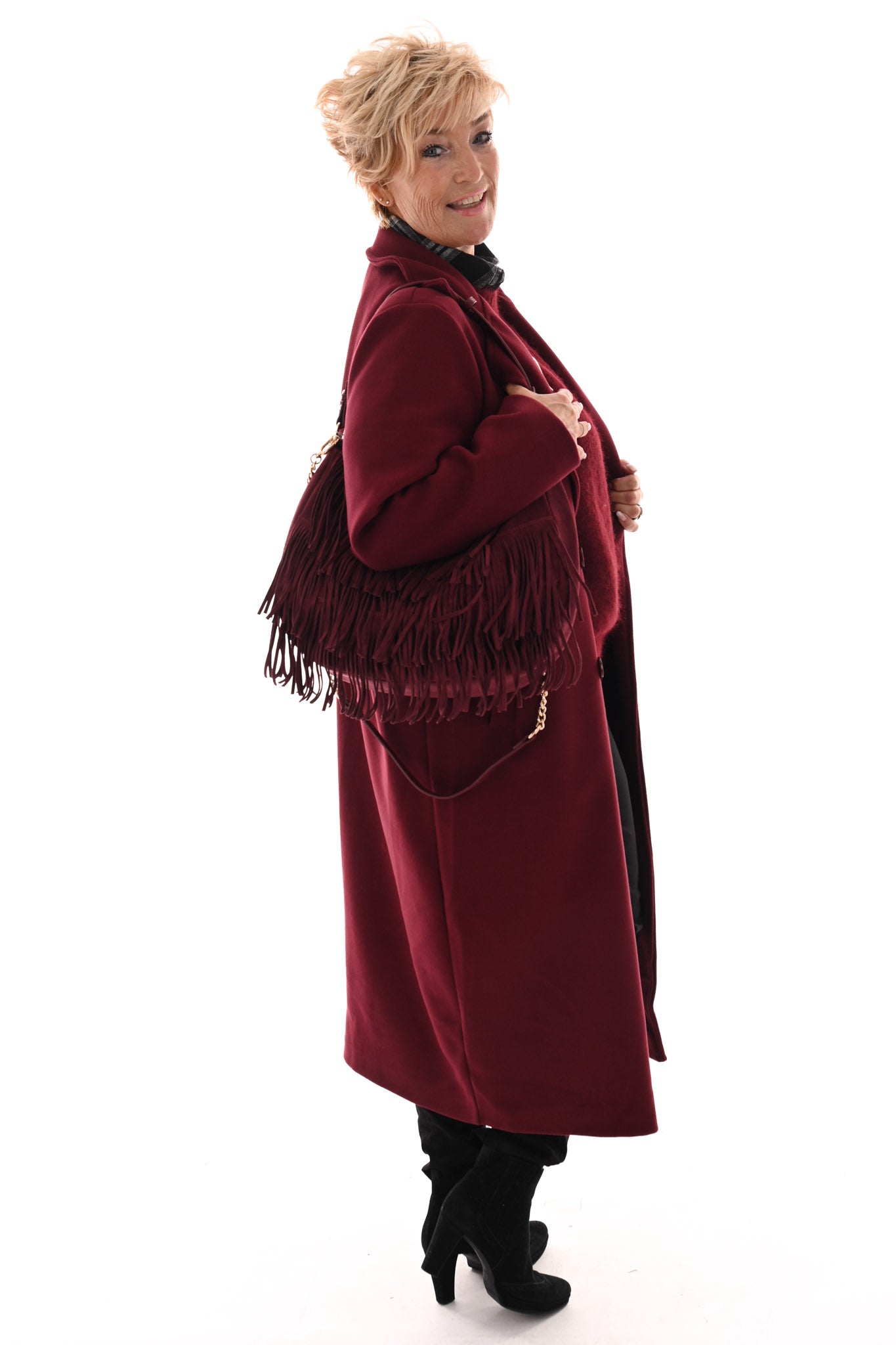 Mantel jas lang met knopen bordeaux