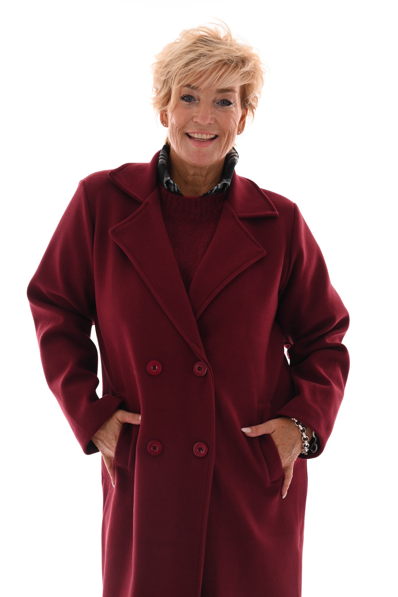 Mantel jas lang met knopen bordeaux