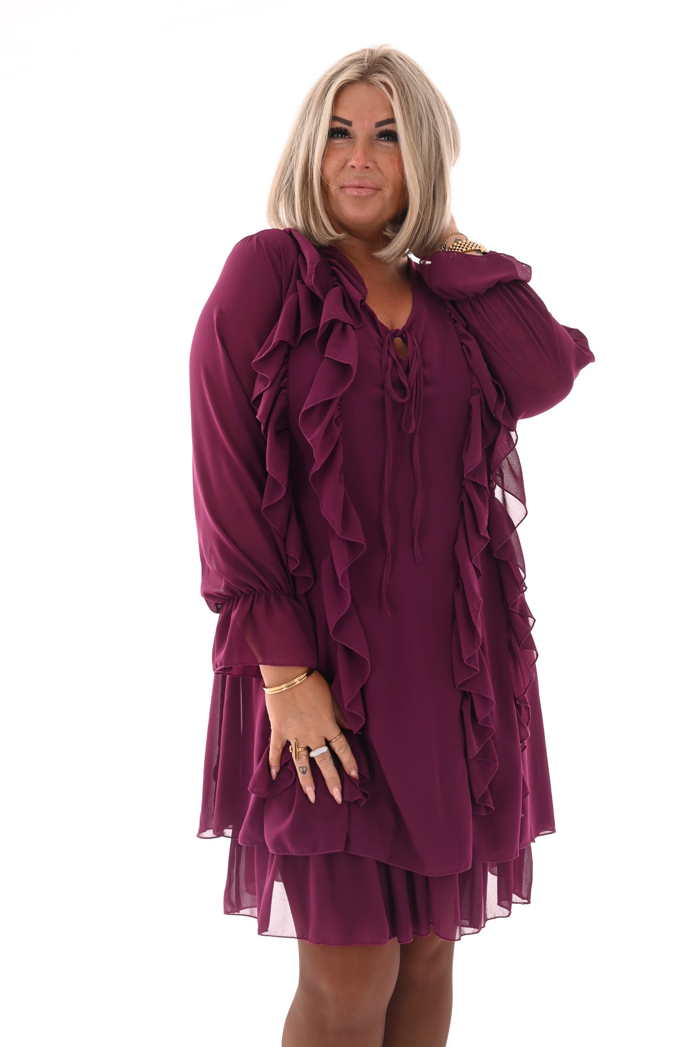 Kort jurkje ruffles aubergine