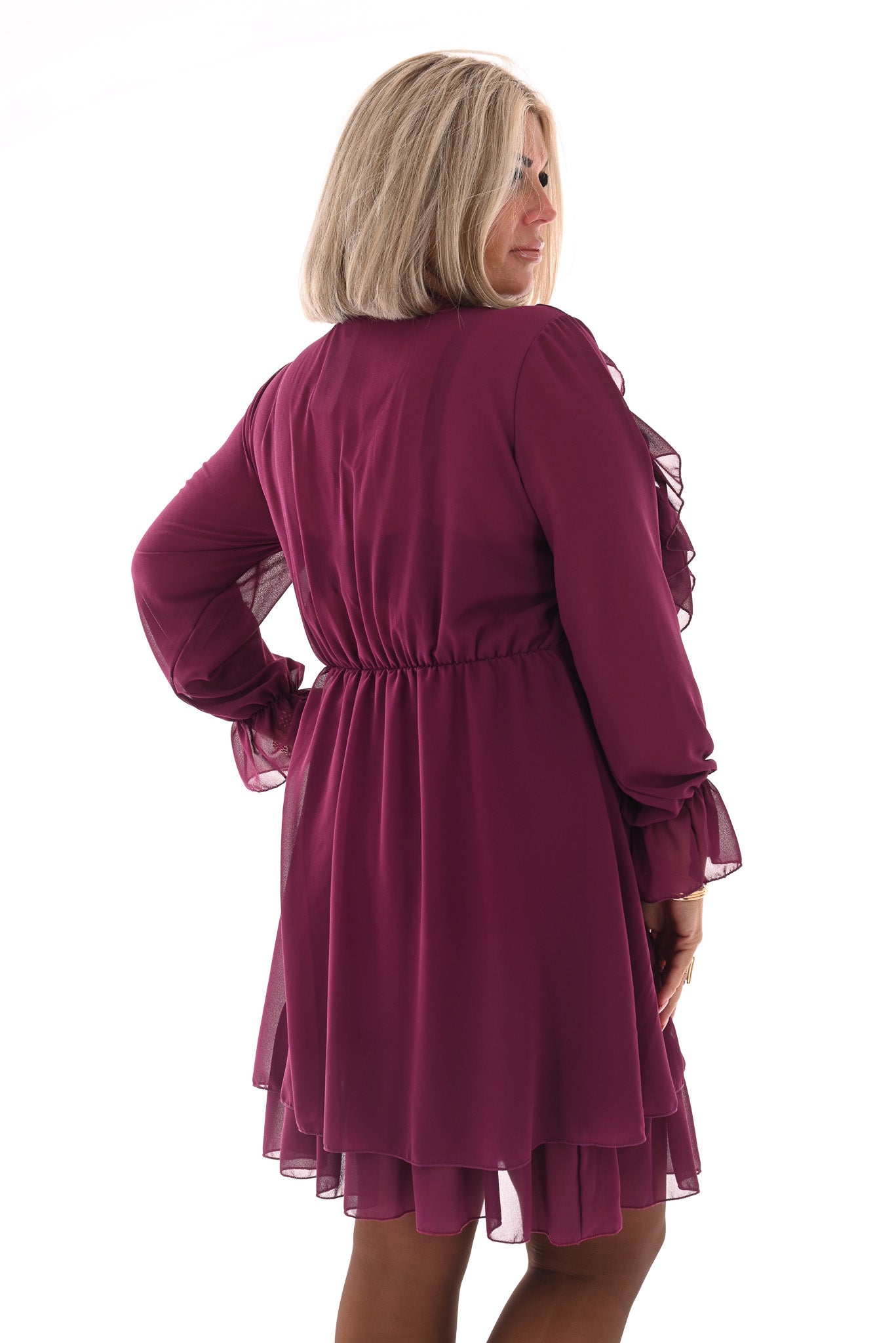 Kort jurkje ruffles aubergine