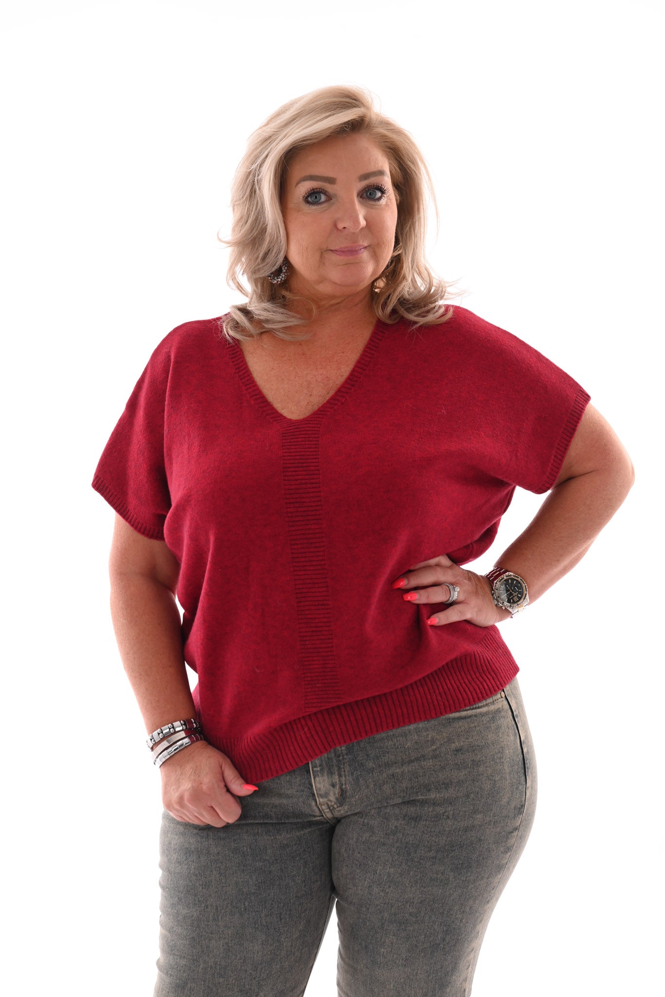 Gebreide v-hals top korte mouwen rood