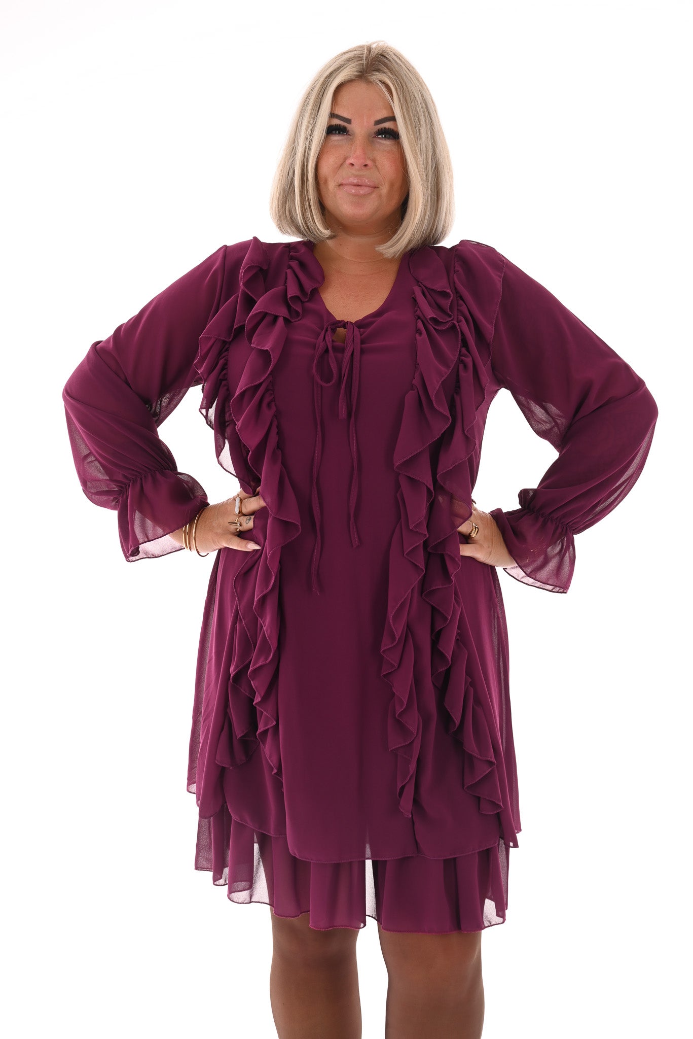 Kort jurkje ruffles aubergine