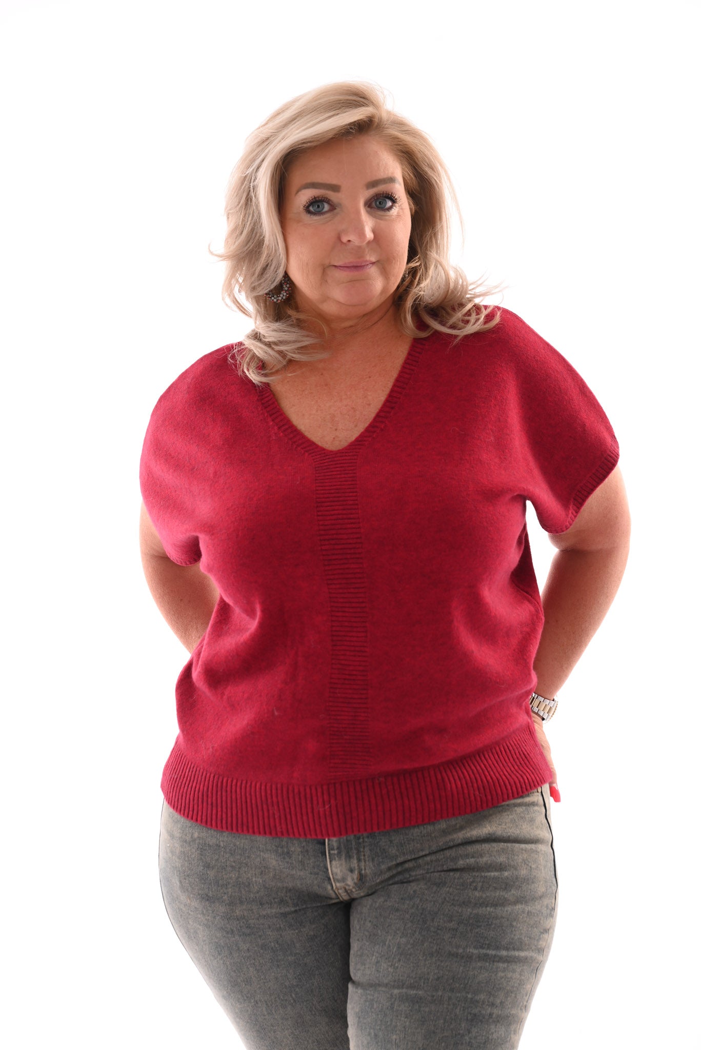 Gebreide v-hals top korte mouwen rood