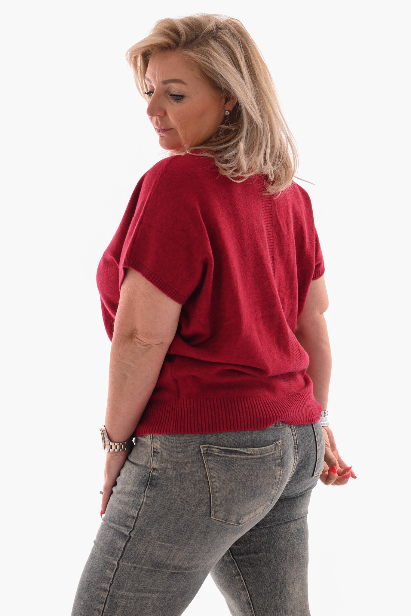 Gebreide v-hals top korte mouwen rood