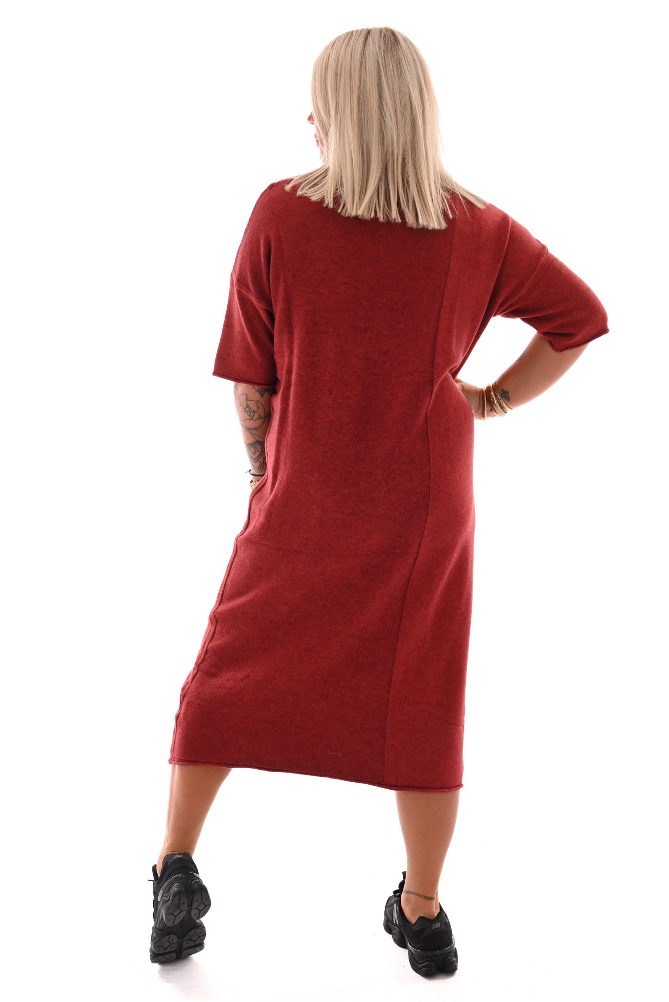 Lang gebreide jurk v-hals korte mouwen rood