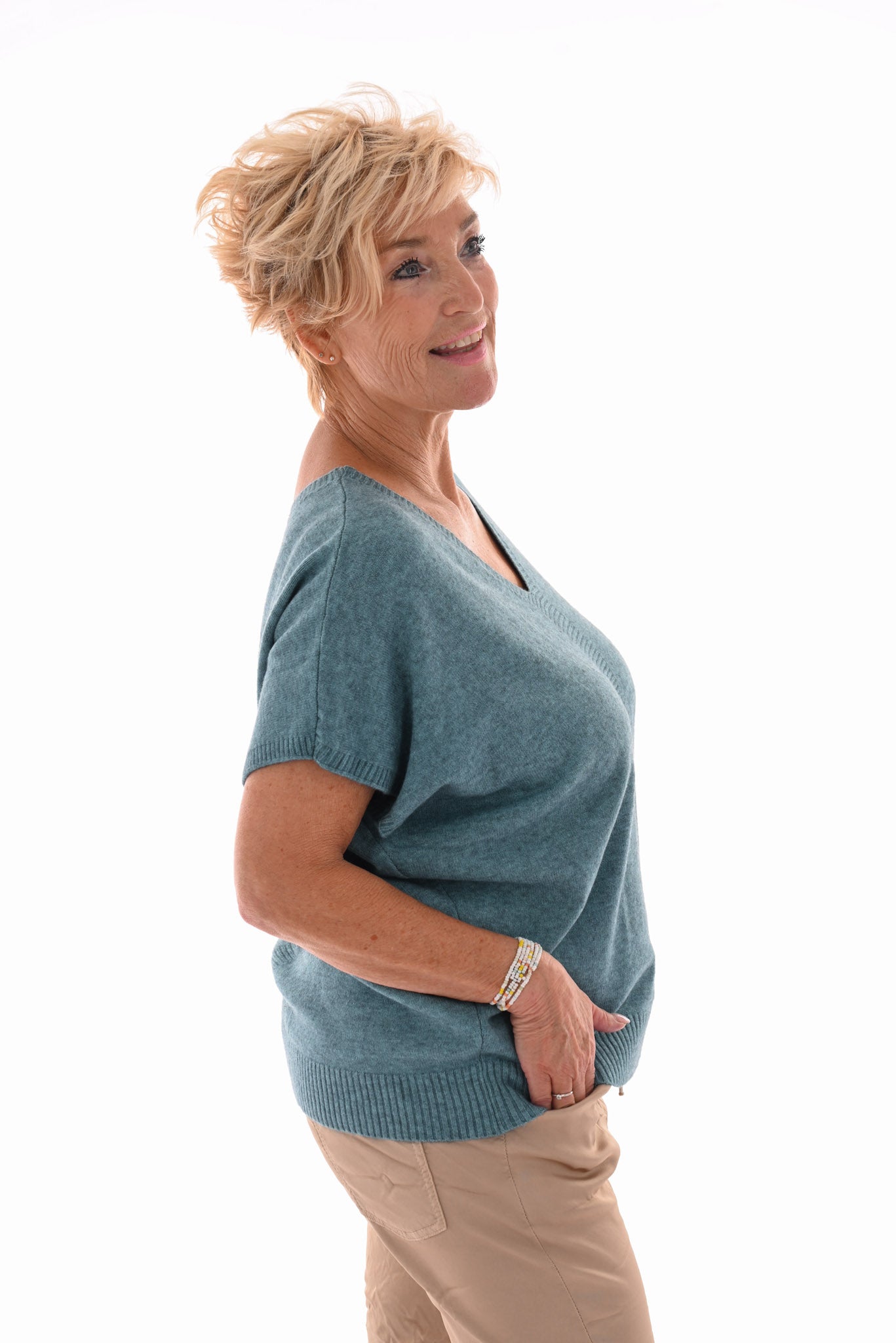 Gebreide v-hals top korte mouwen blauw