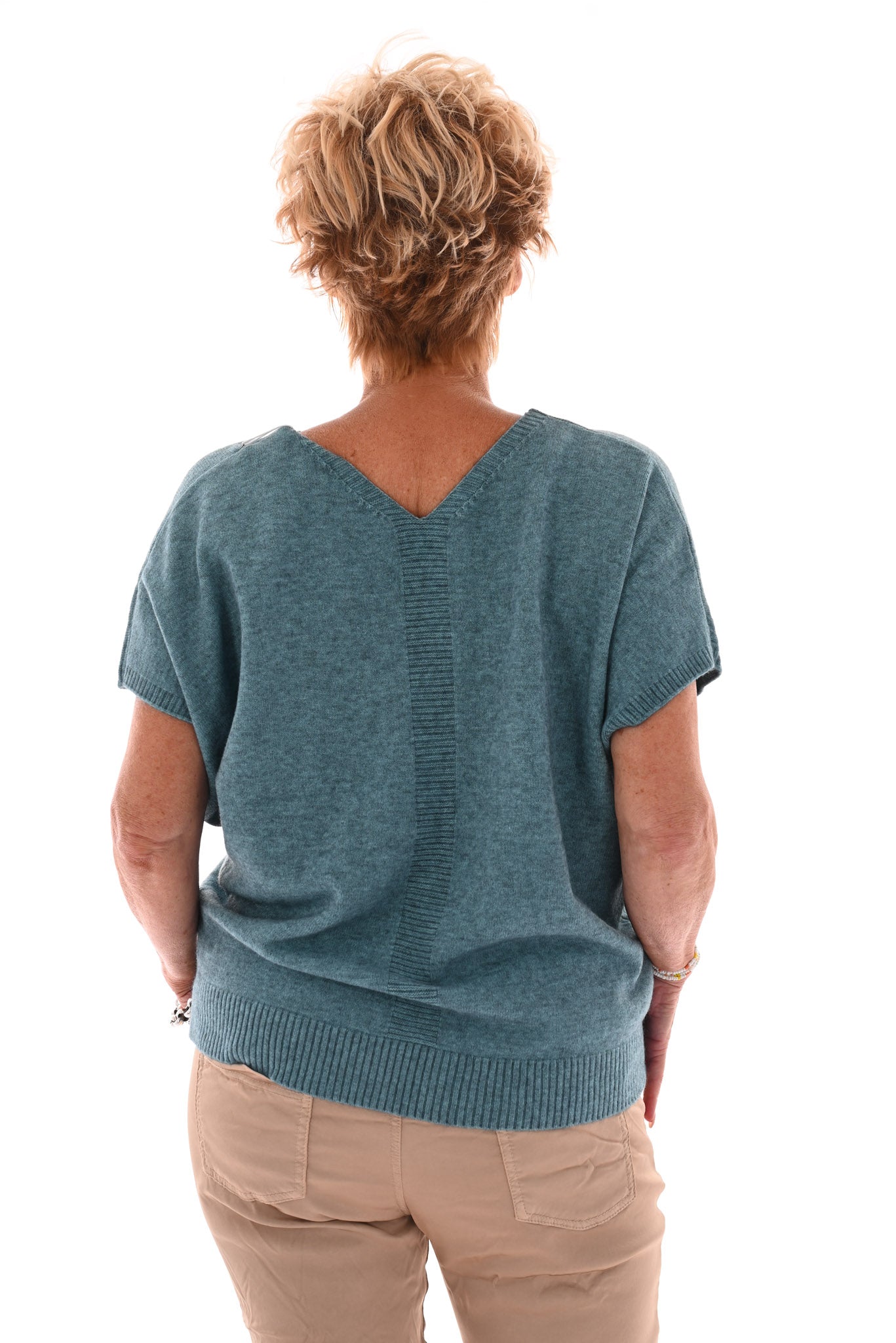 Gebreide v-hals top korte mouwen blauw