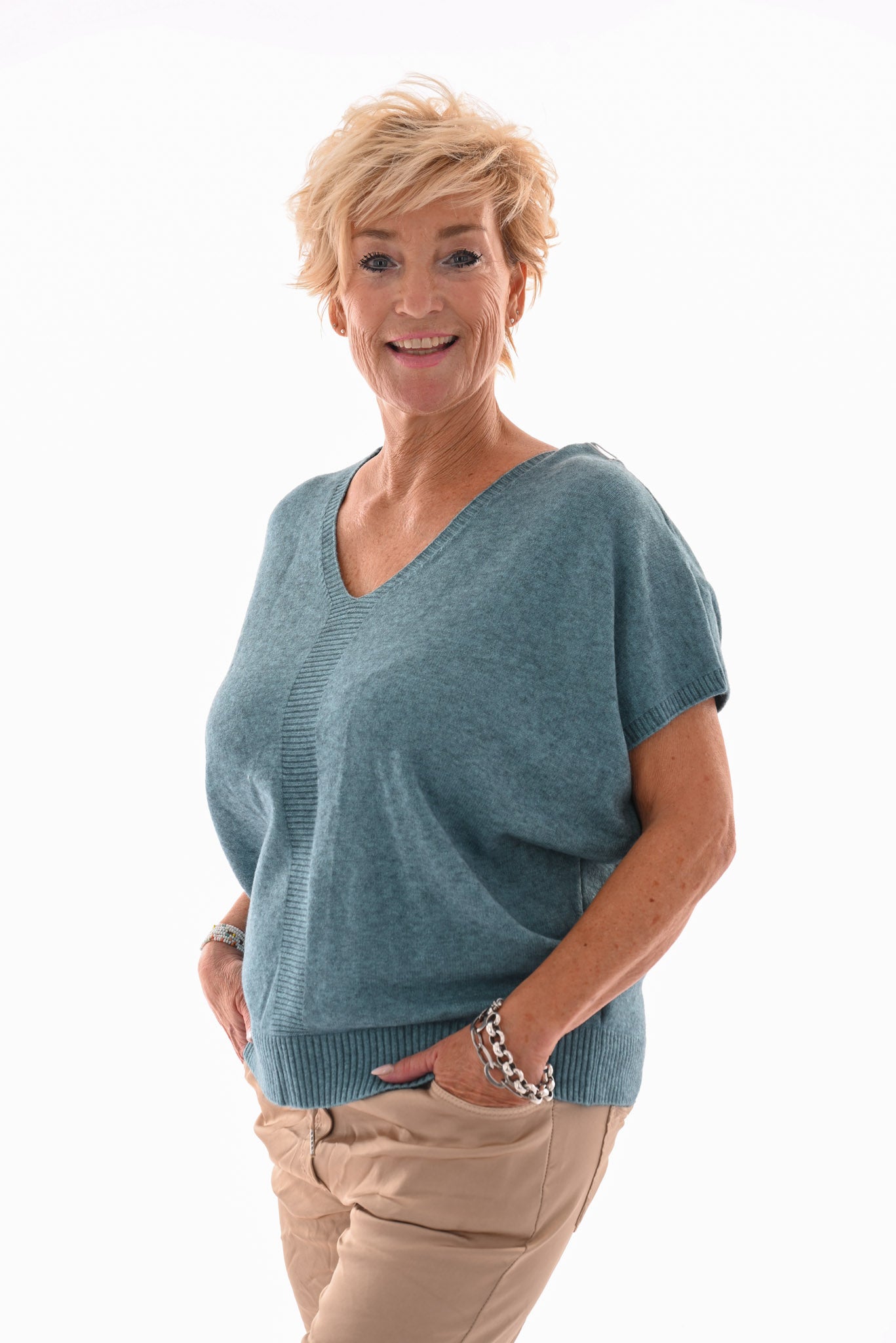 Gebreide v-hals top korte mouwen blauw