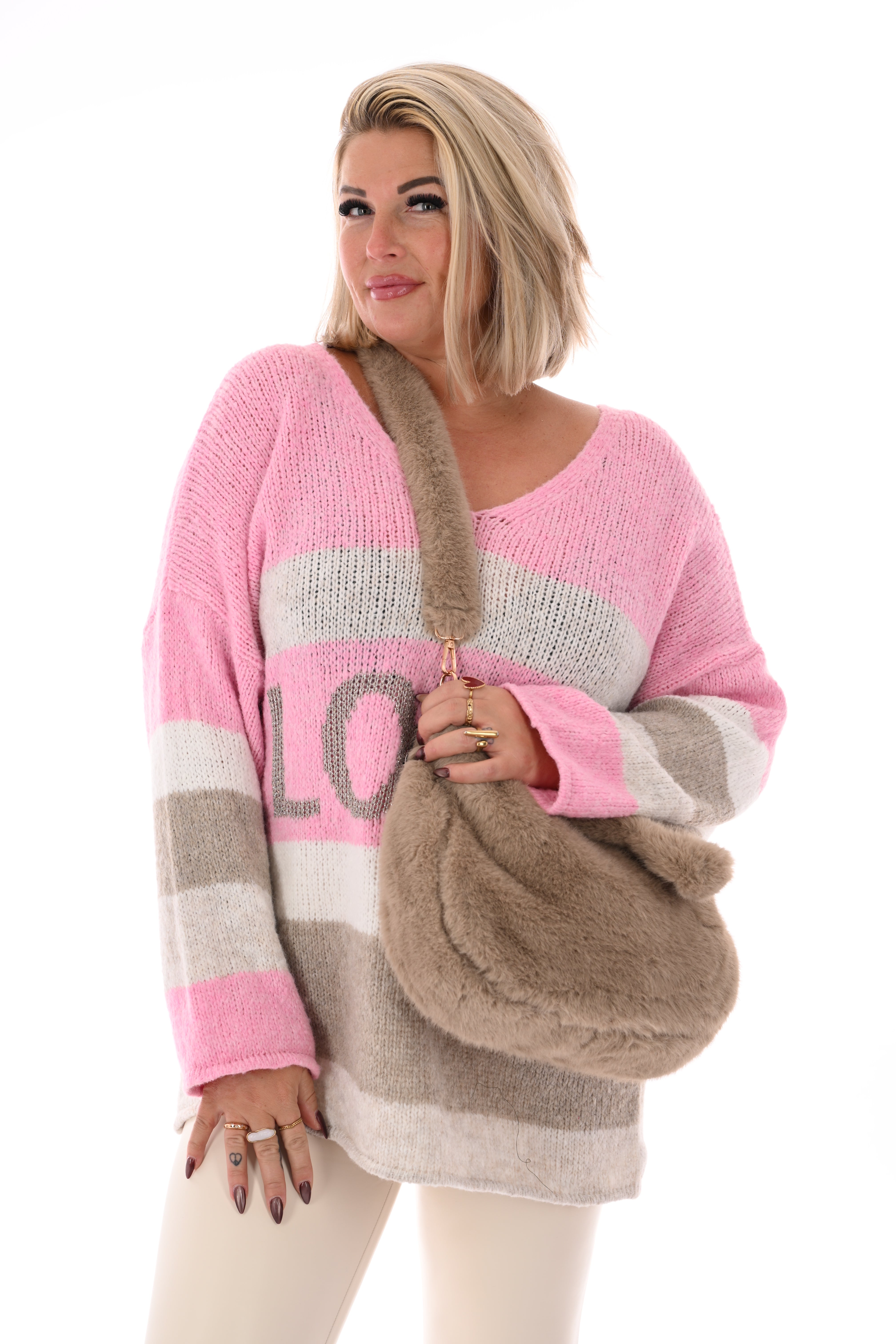 Faux fur crossbody tas beige