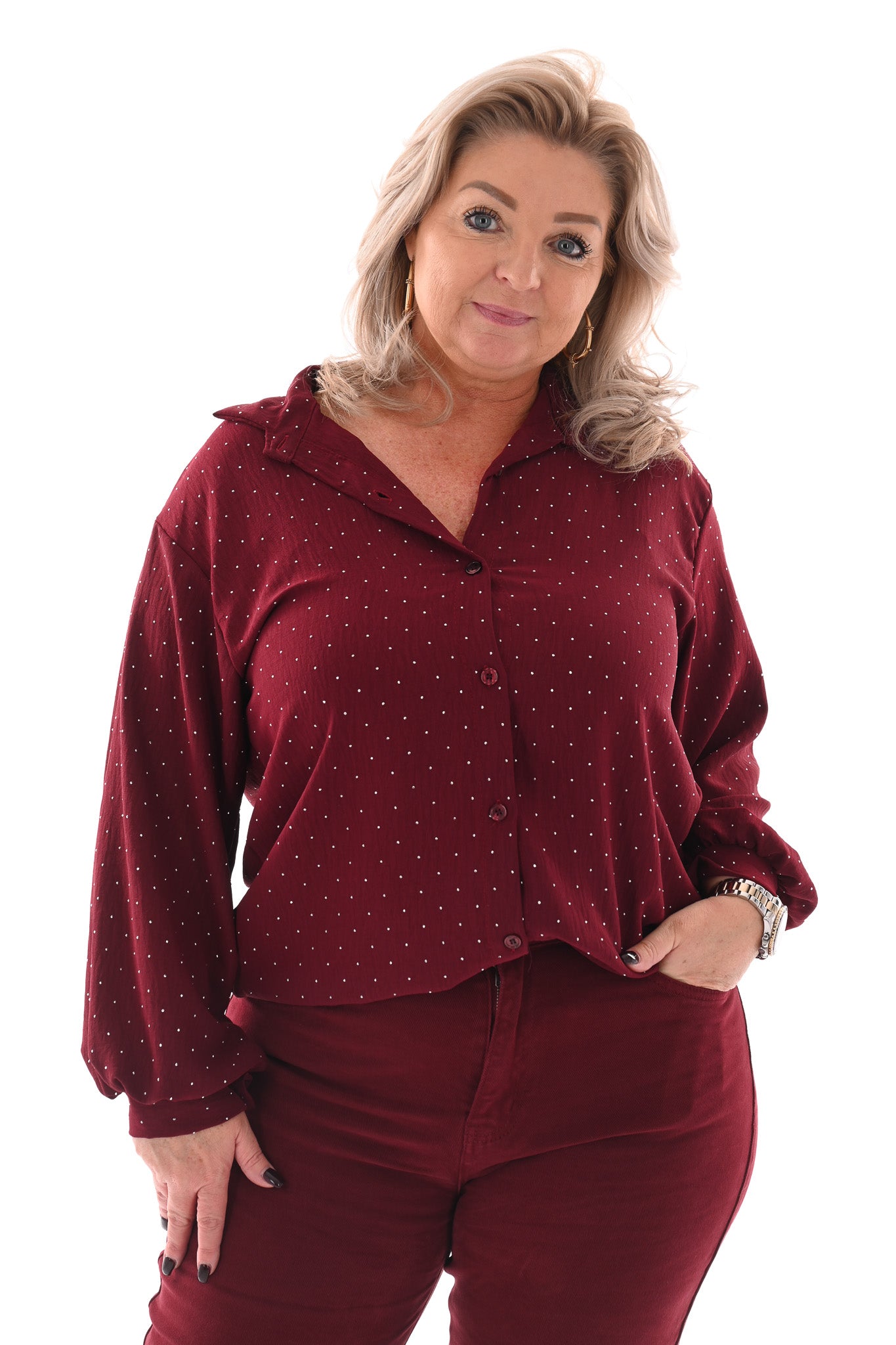 Doorknoop blouse strass bordeaux