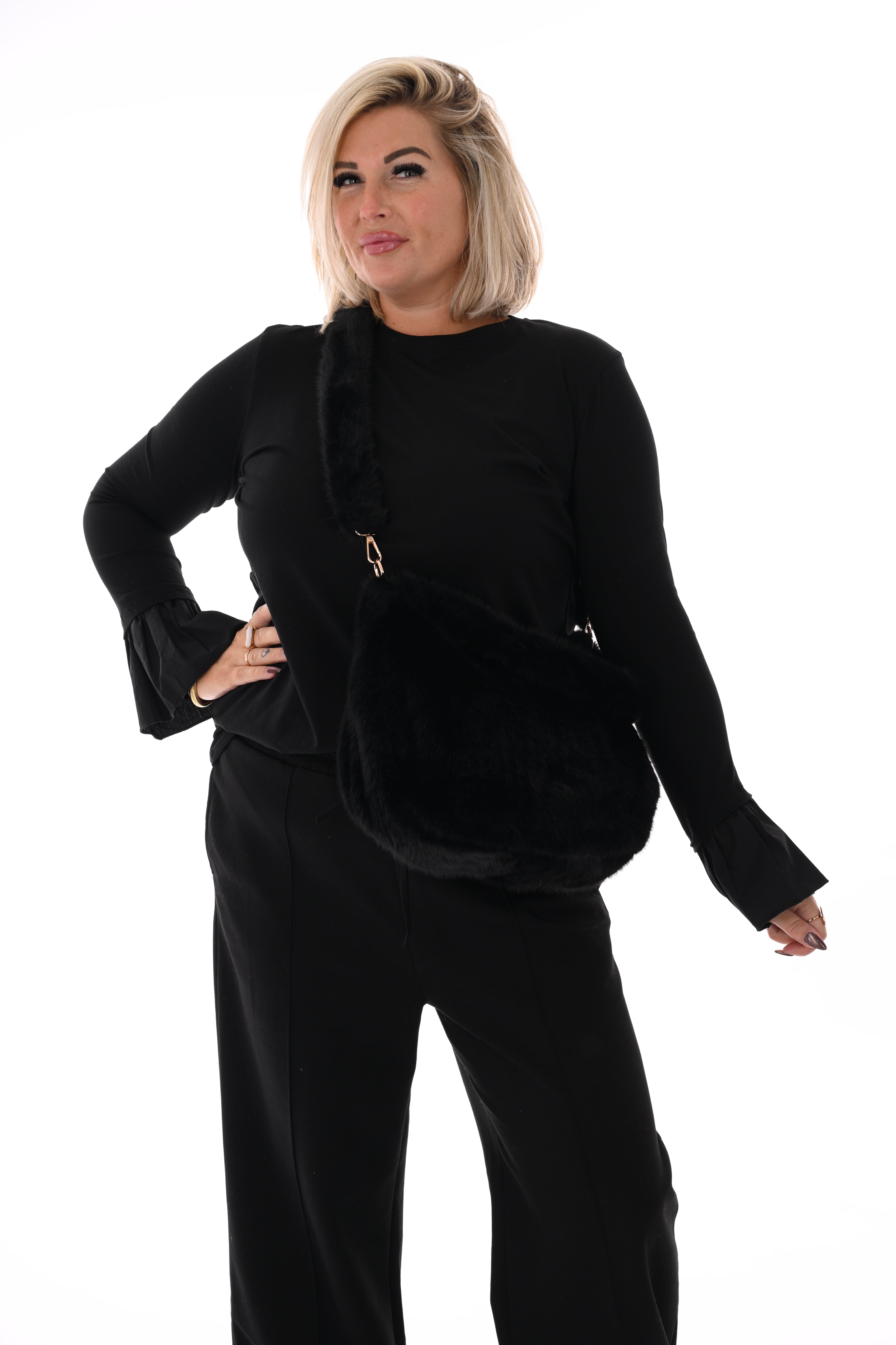 Faux fur crossbody tas zwart