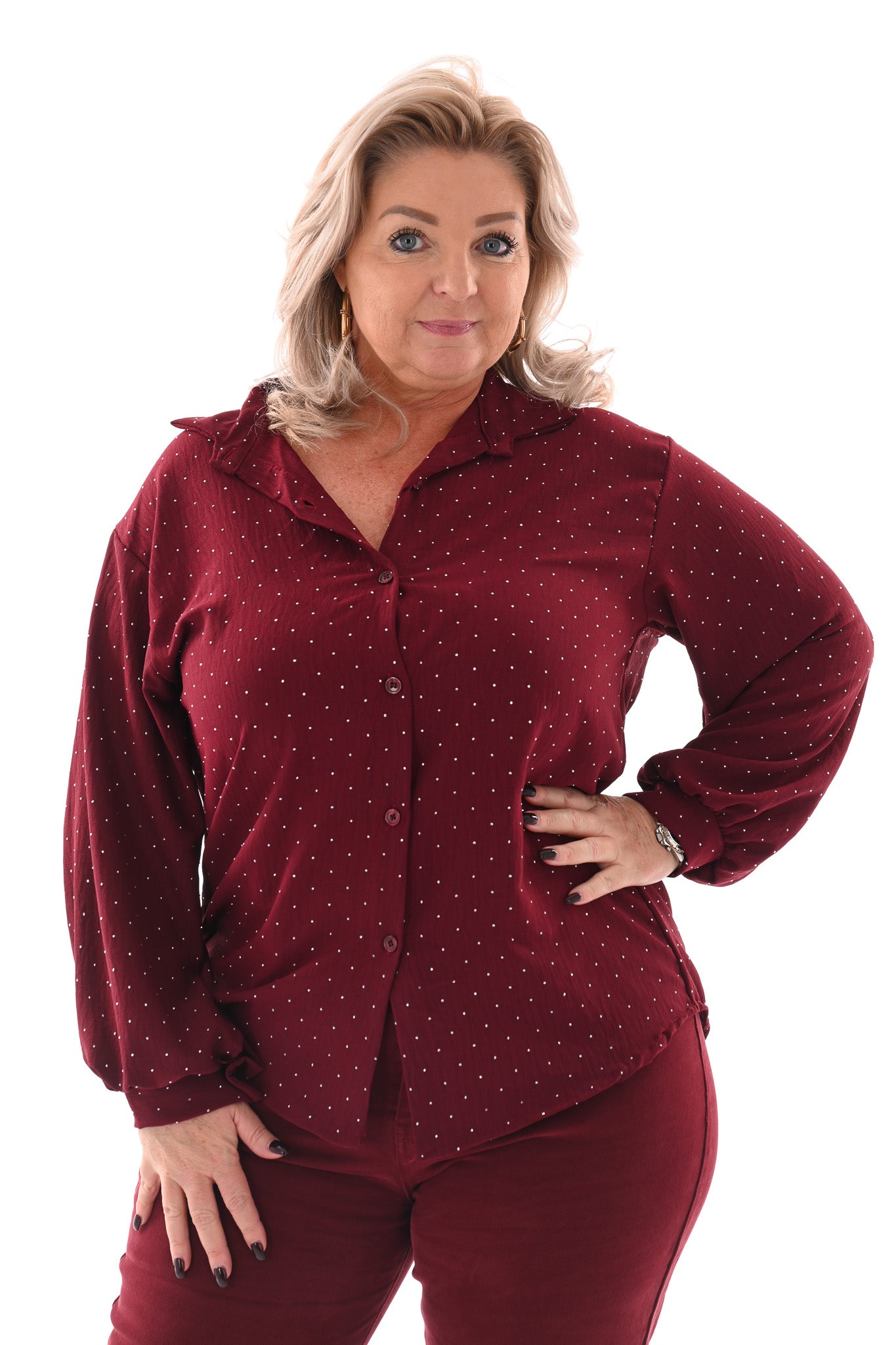 Doorknoop blouse strass bordeaux