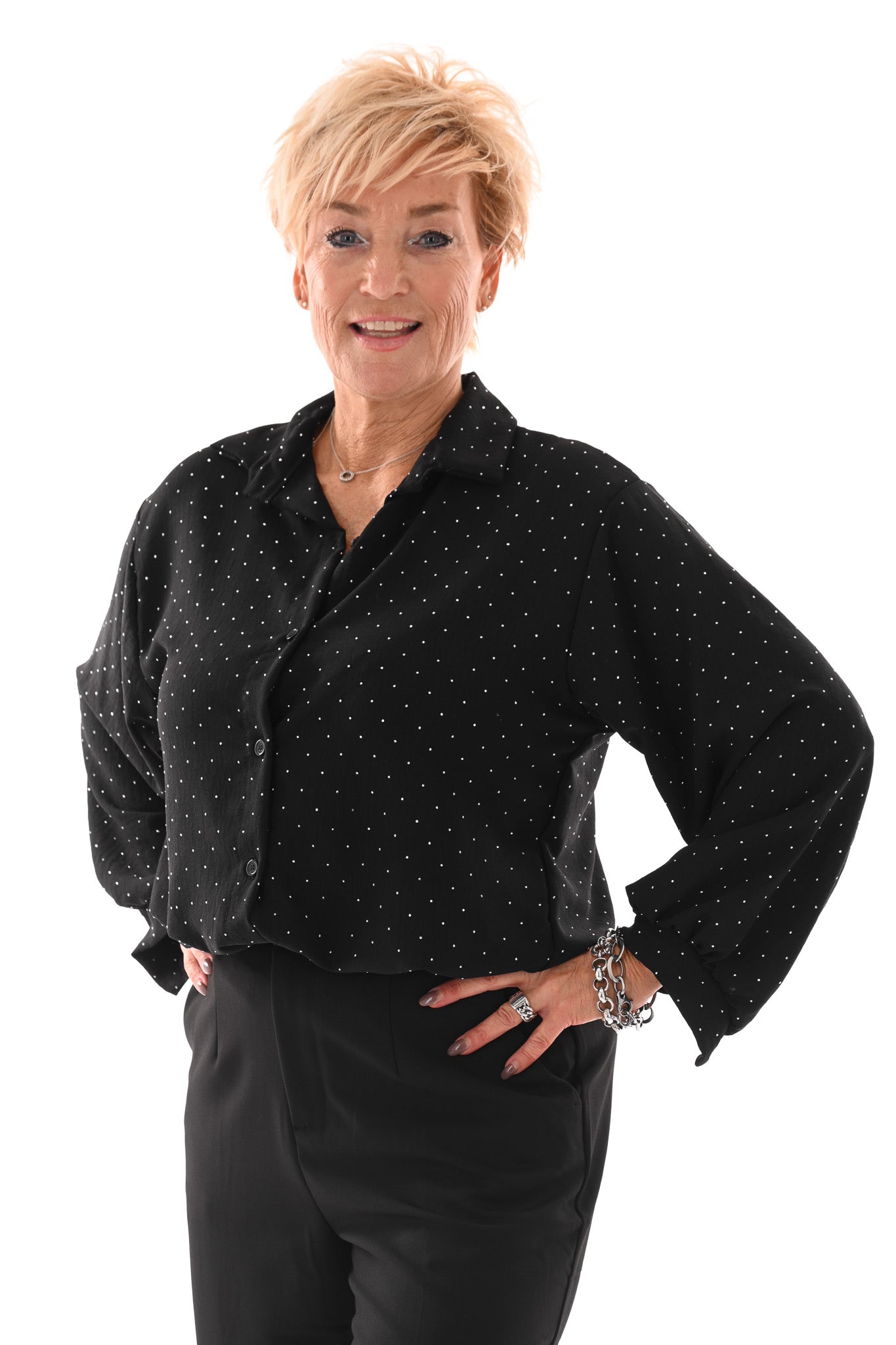 Doorknoop blouse strass zwart