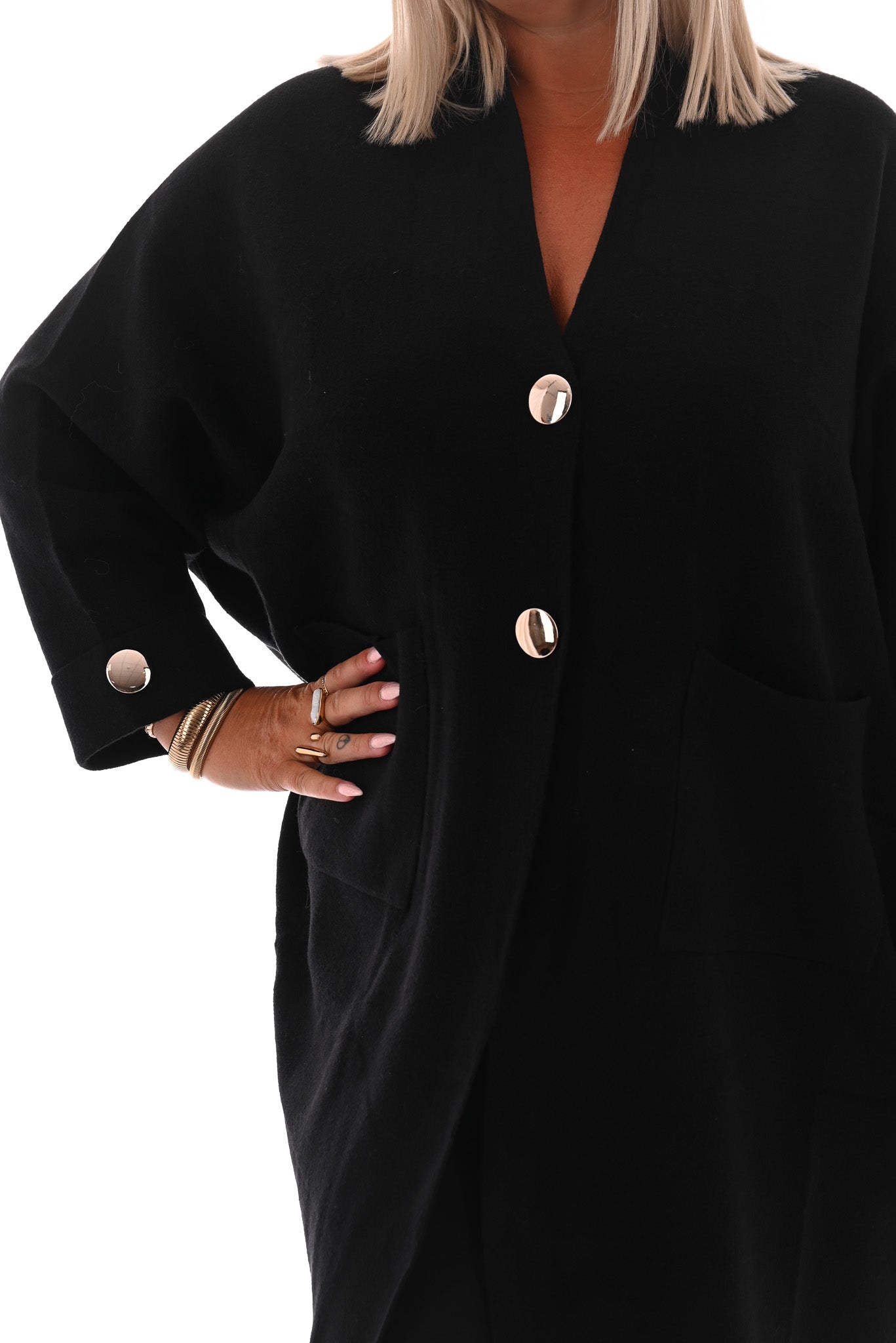 Oversized vest v-hals en grote knopen zwart