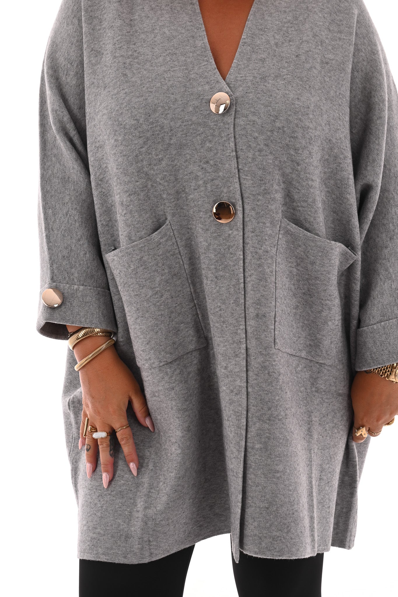 Oversized vest v-hals en grote knopen grijs