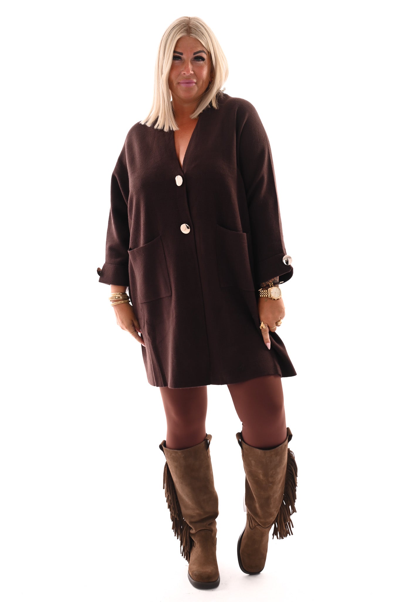 Oversized vest v-hals en grote knopen donkerbruin