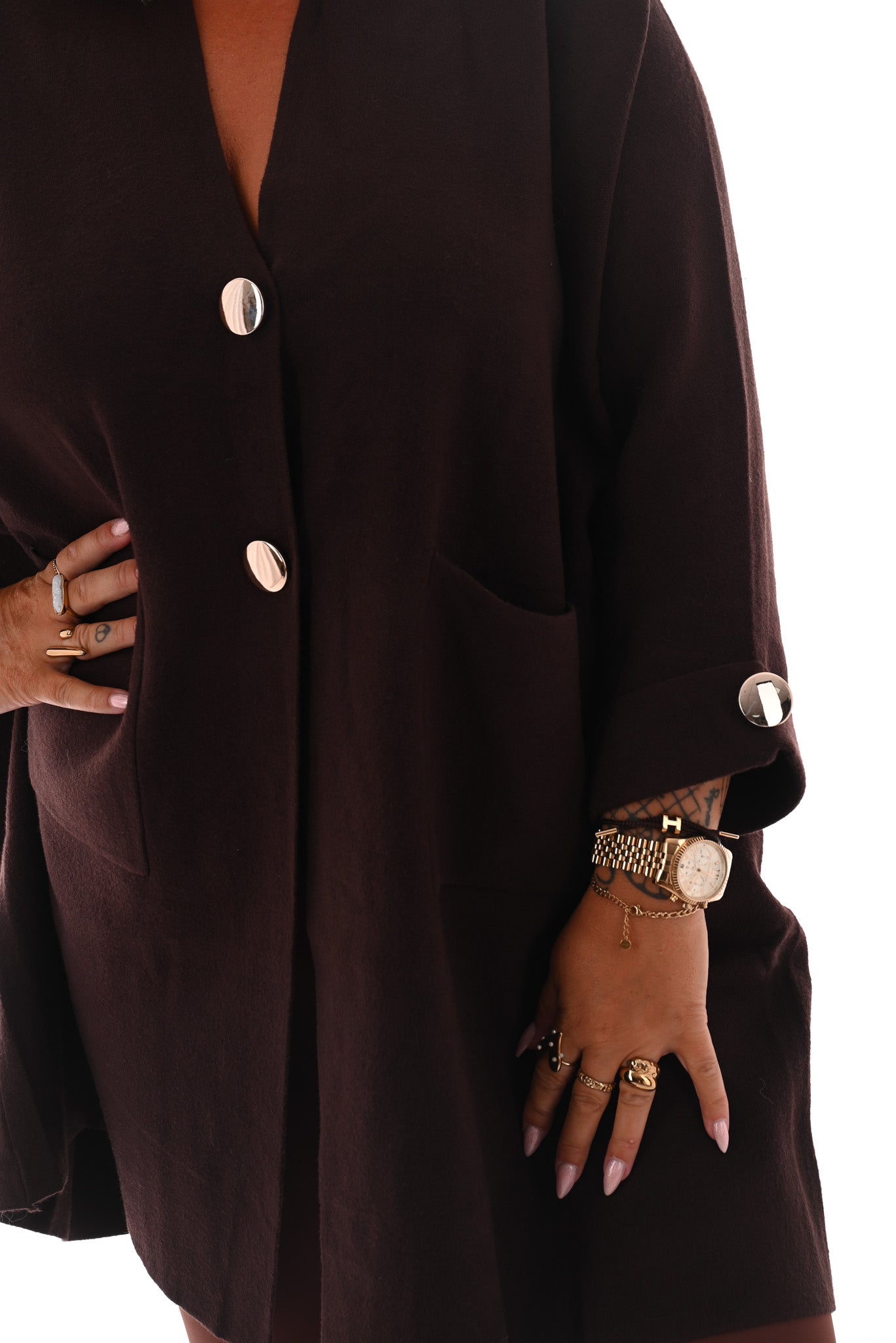 Oversized vest v-hals en grote knopen donkerbruin