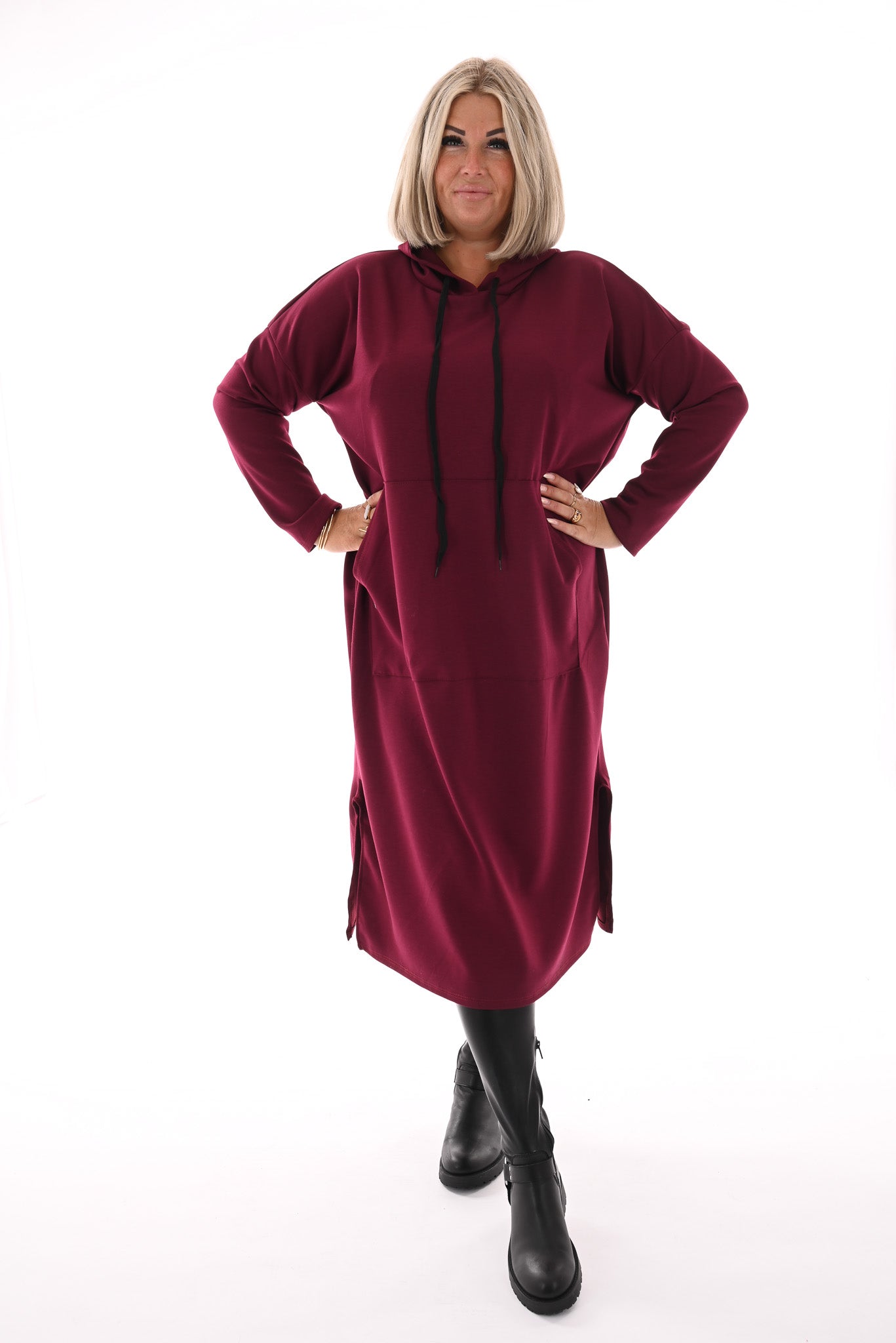 Lange sweaterdress met capuchon bordeaux