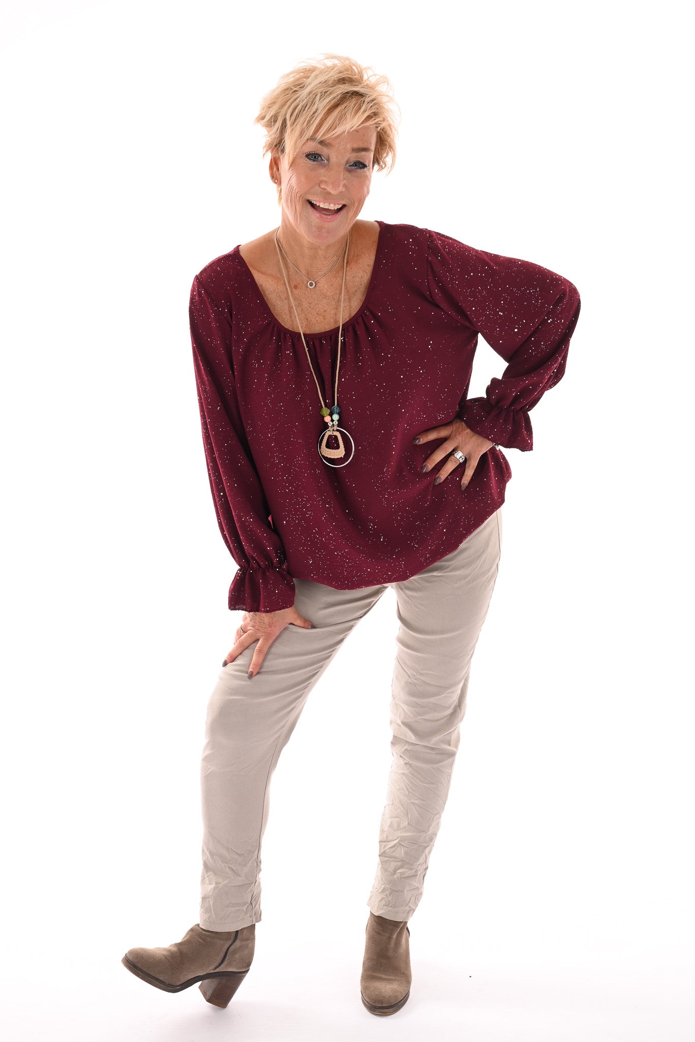 Ballon top glitter trompetmouwen met ketting bordeaux