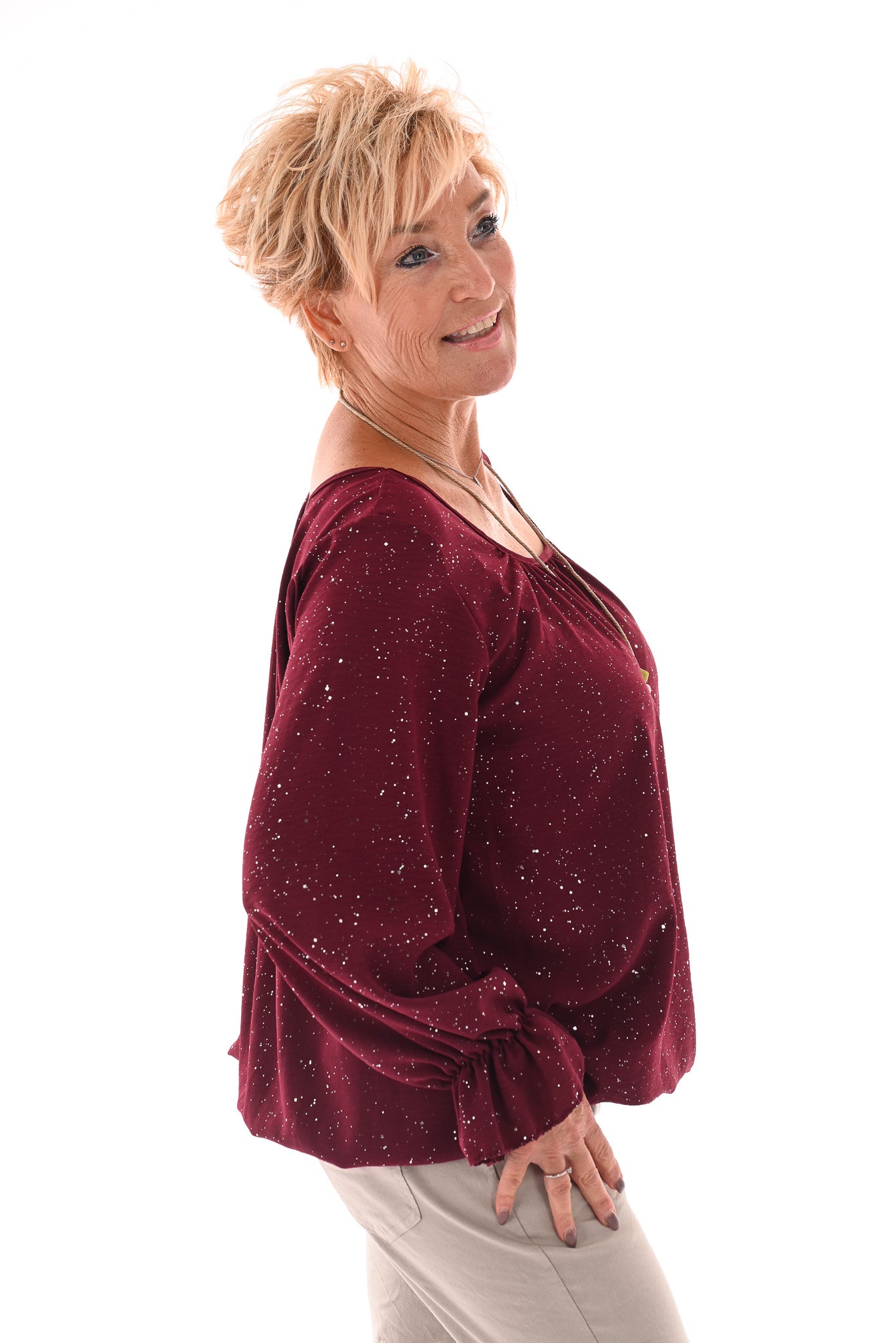 Ballon top glitter trompetmouwen met ketting bordeaux