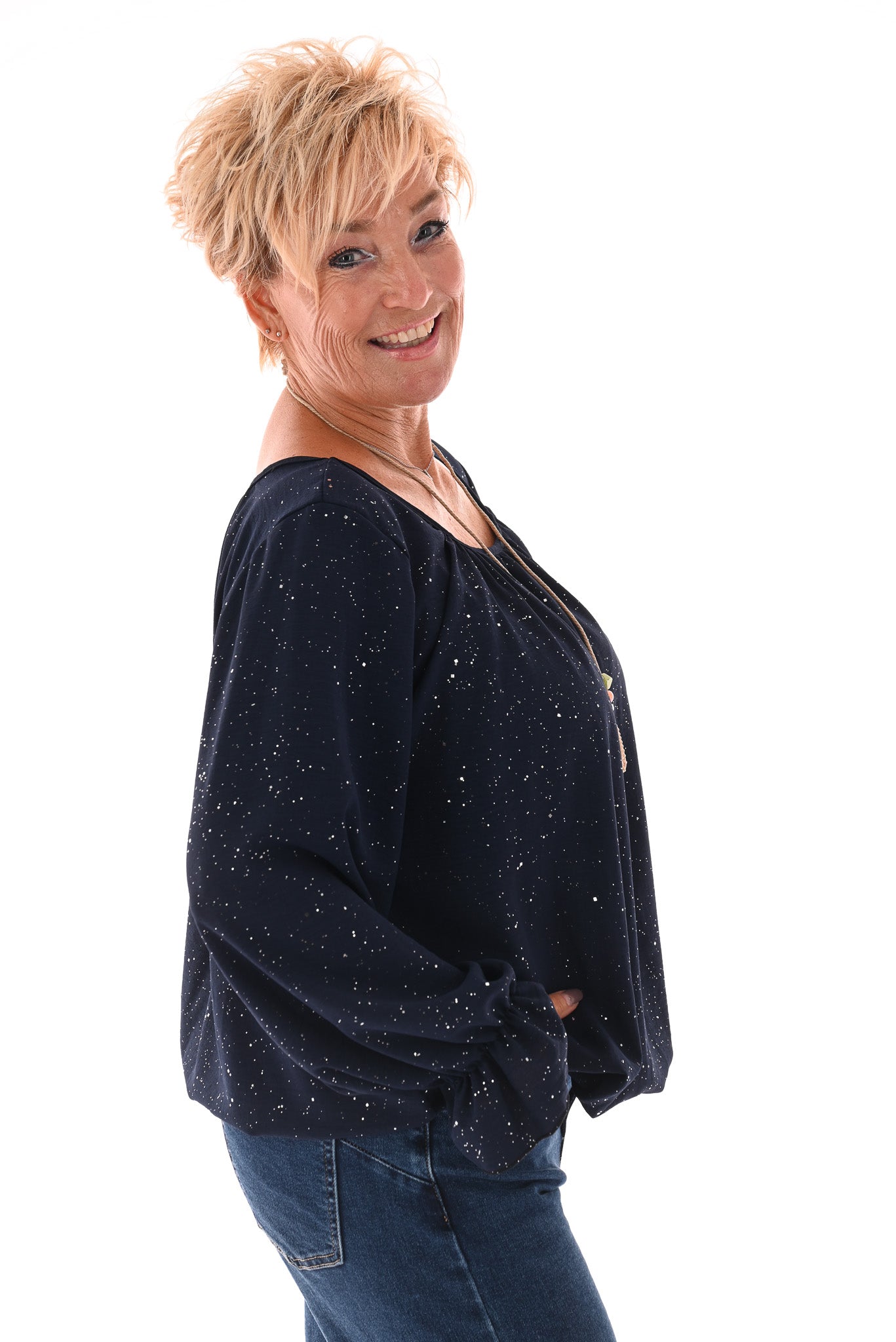 Ballon top glitter trompetmouwen met ketting marineblauw