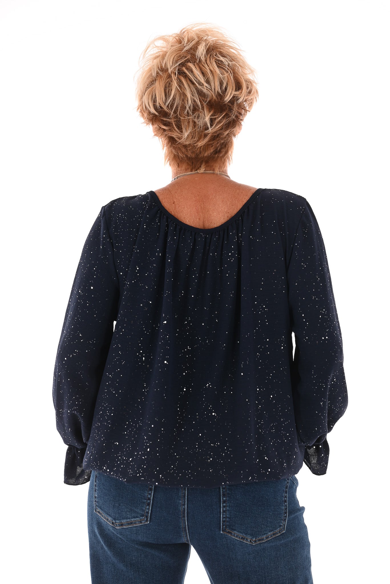 Ballon top glitter trompetmouwen met ketting marineblauw