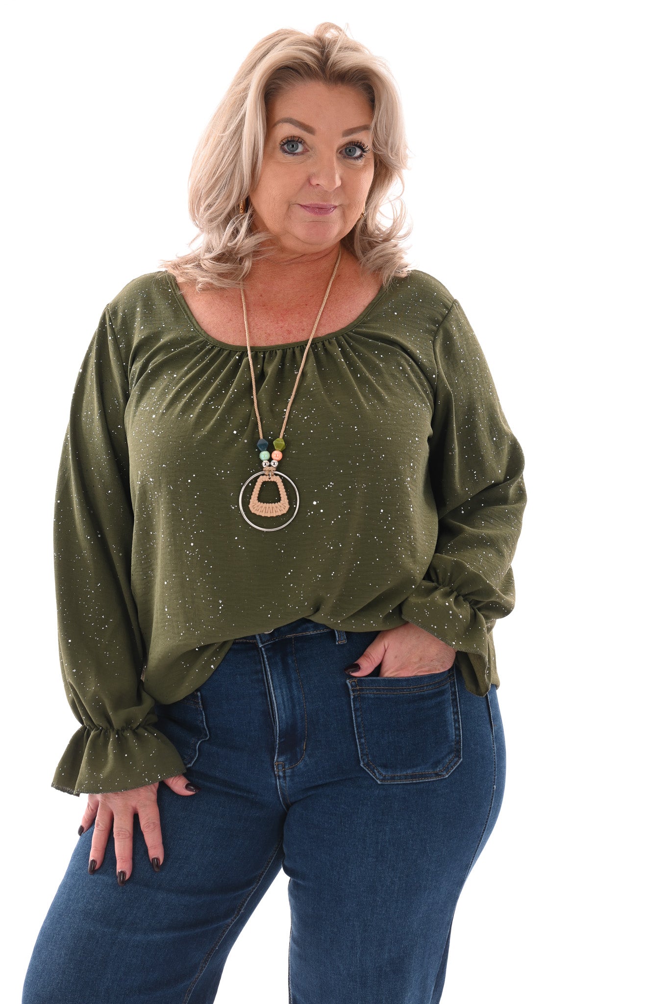 Ballon top glitter trompetmouwen met ketting legergroen