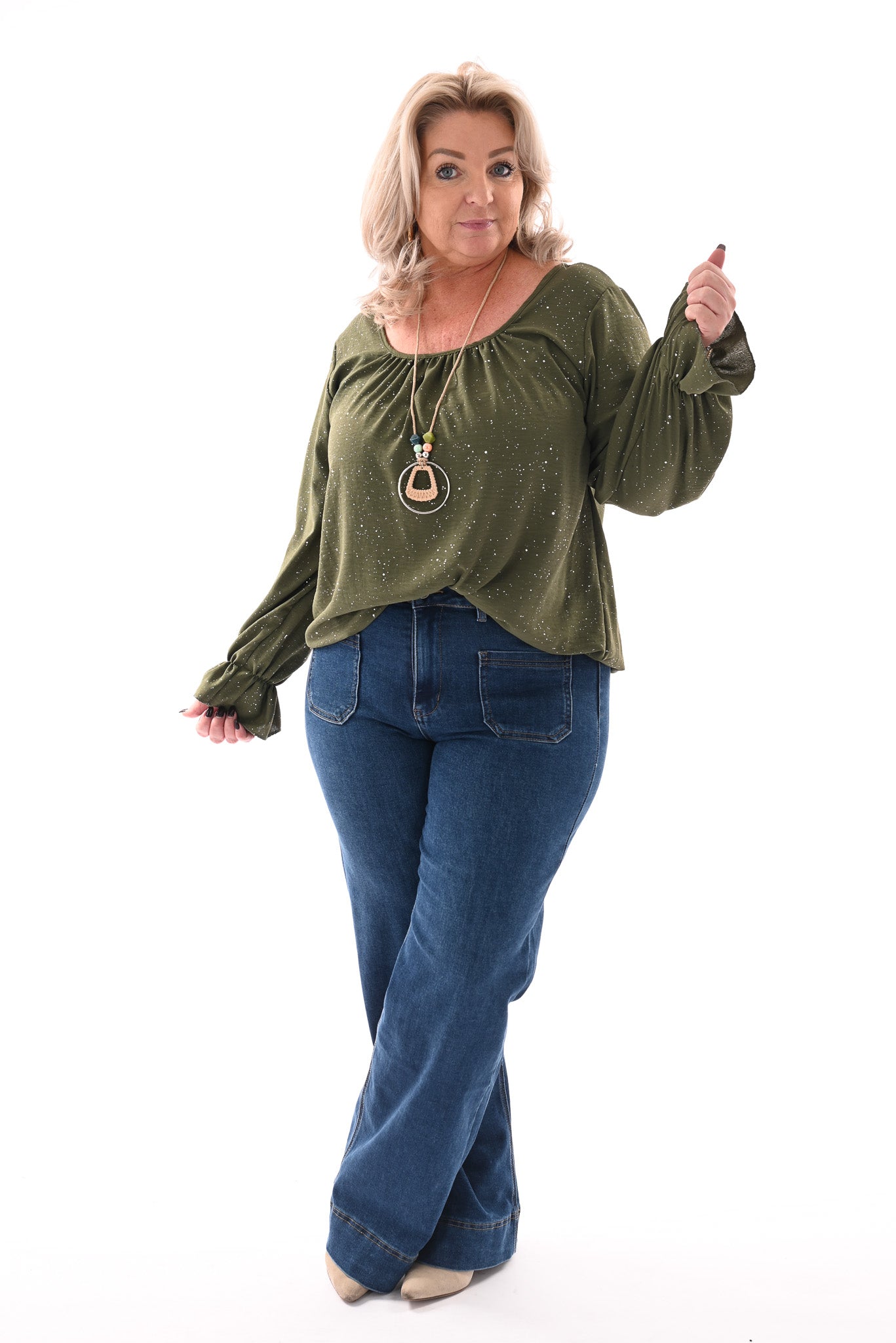 Ballon top glitter trompetmouwen met ketting legergroen