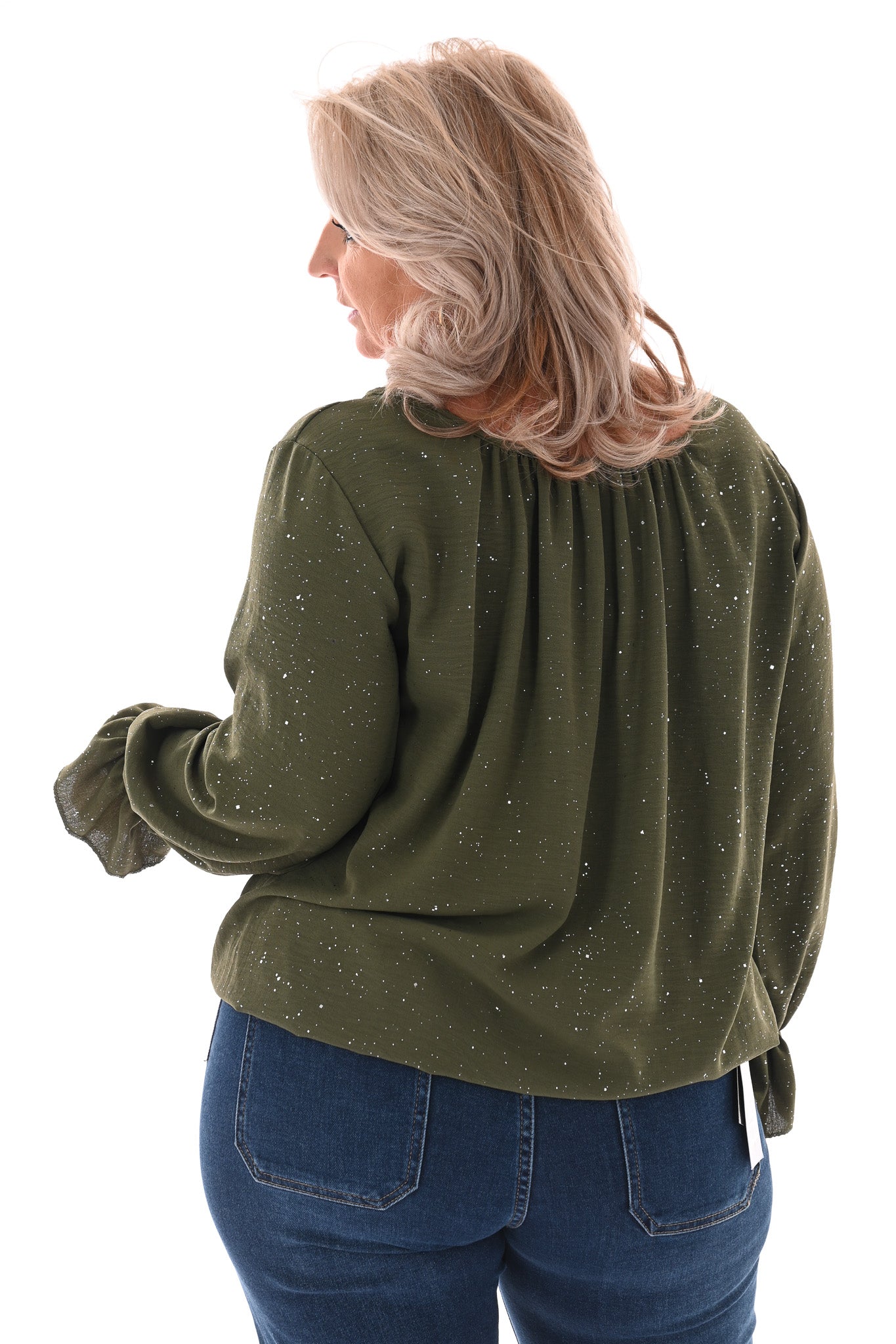 Ballon top glitter trompetmouwen met ketting legergroen