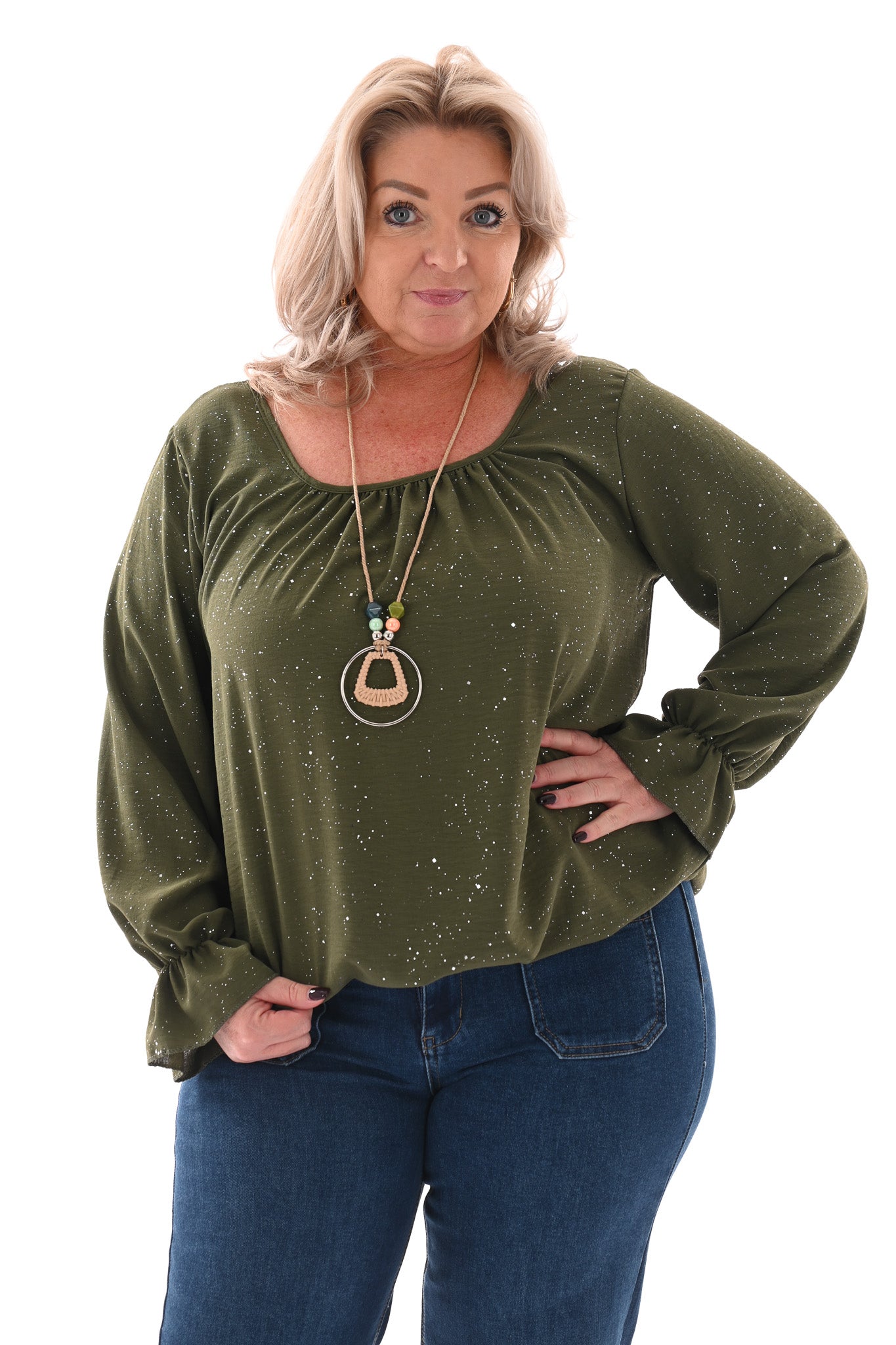 Ballon top glitter trompetmouwen met ketting legergroen