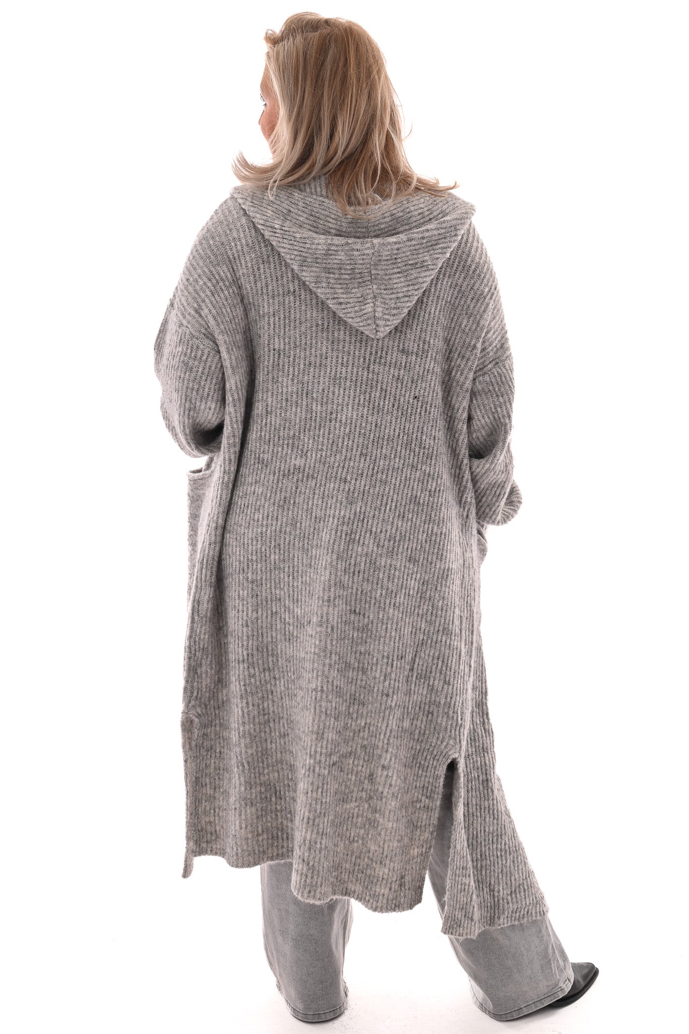 Lang gebreid vest met capuchon grijs