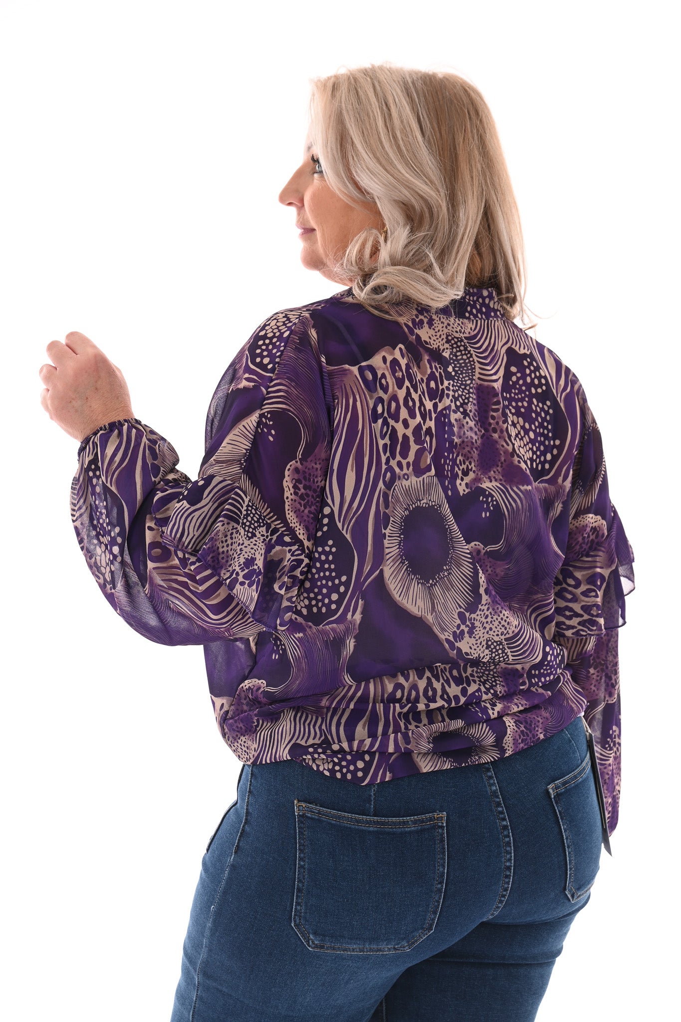 Doorknoop blouse mixed dierenprints paars