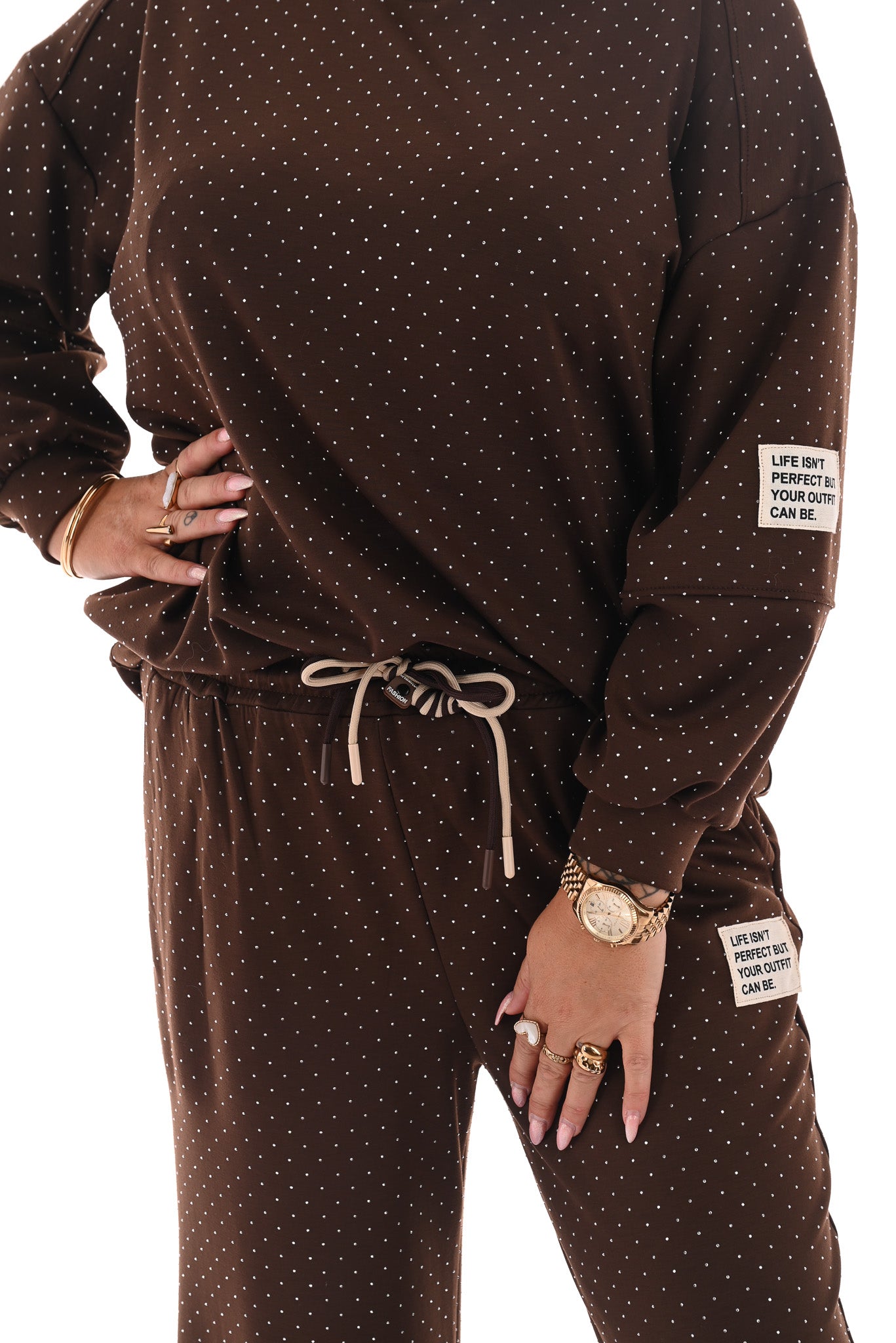 Tweedelig pak applicatie met strass donkerbruin