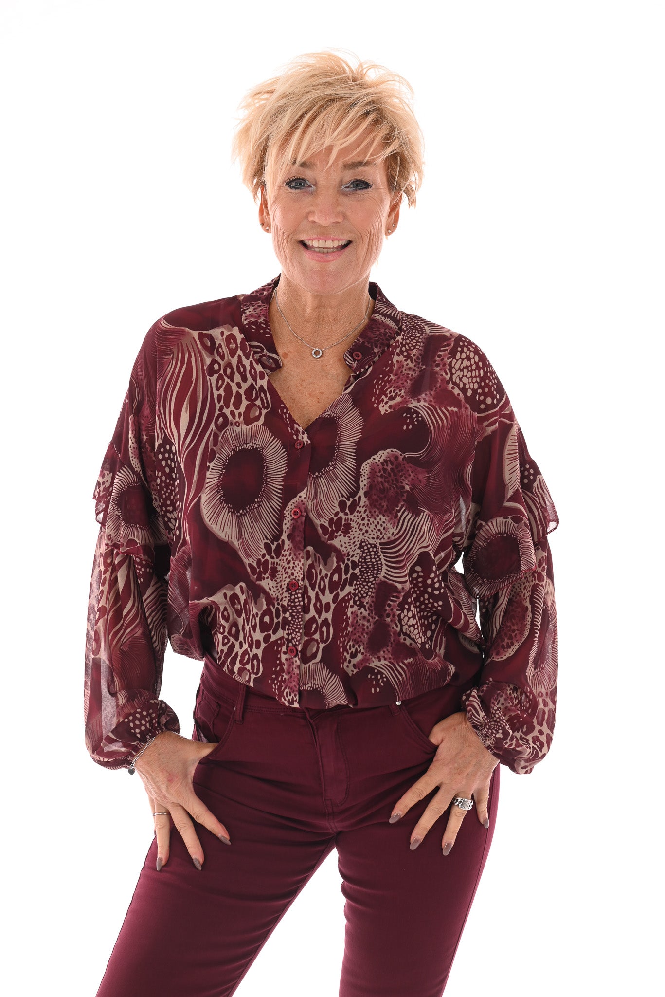 Doorknoop blouse mixed dierenprints bordeaux