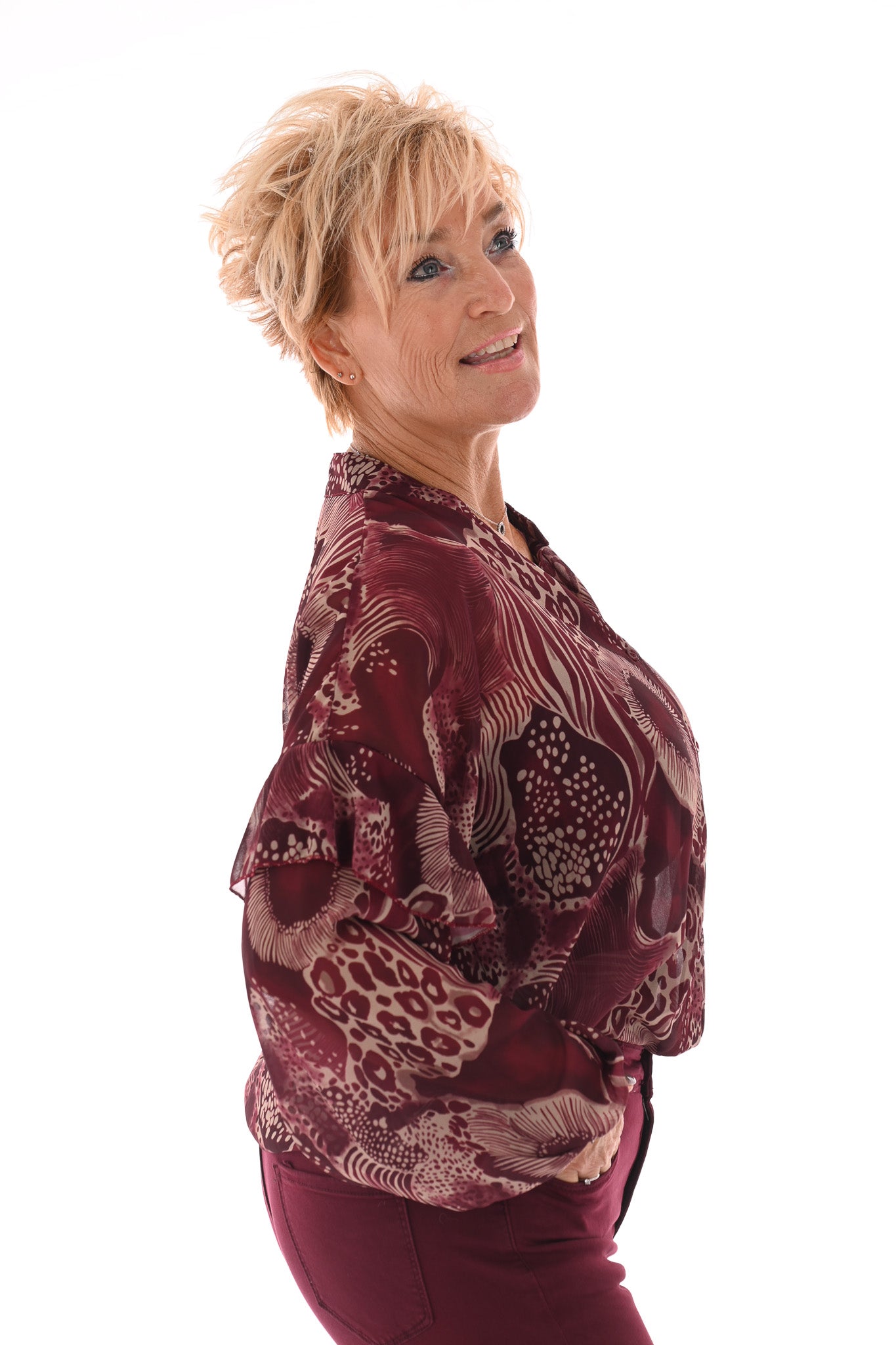 Doorknoop blouse mixed dierenprints bordeaux