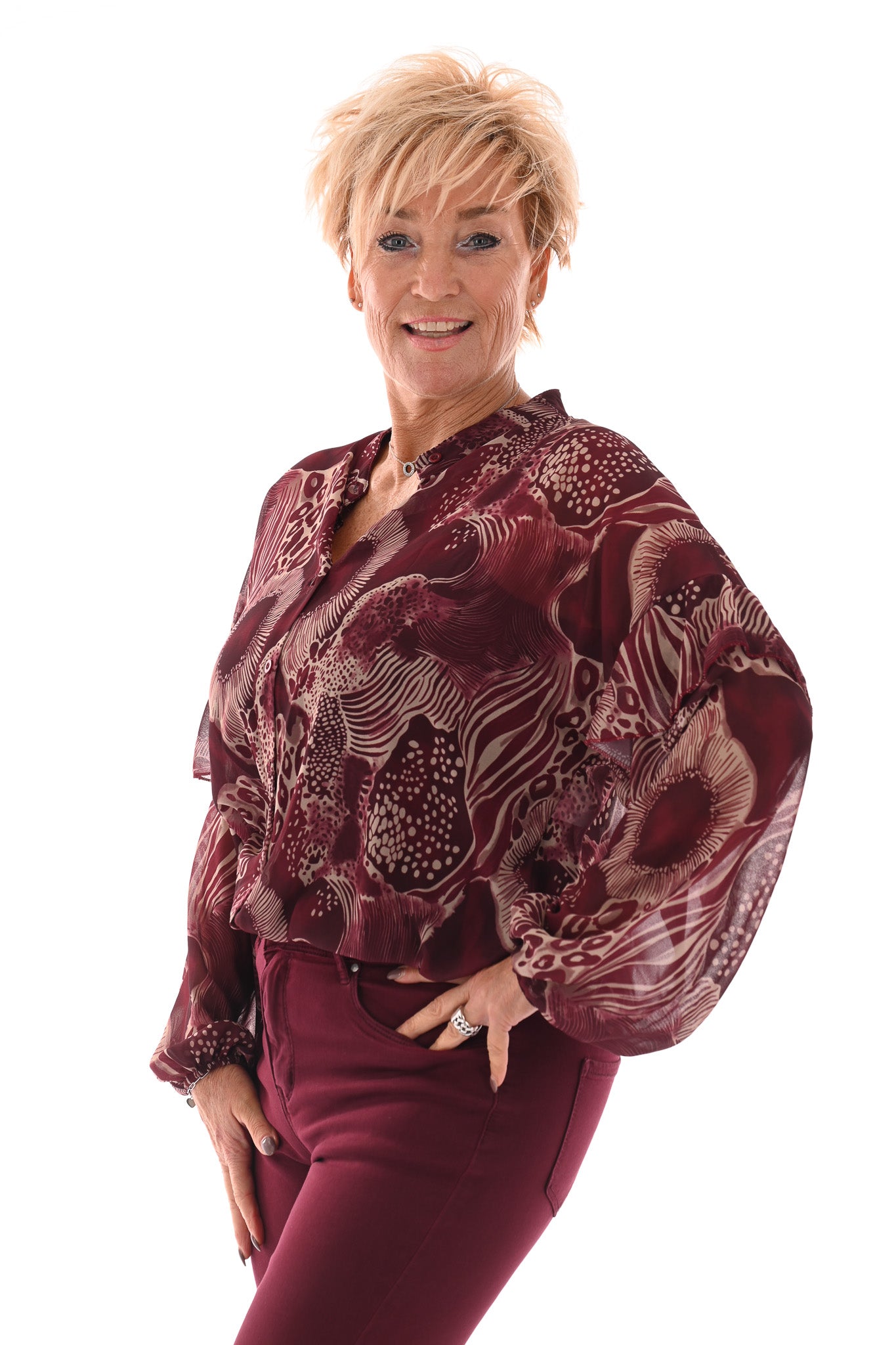 Doorknoop blouse mixed dierenprints bordeaux