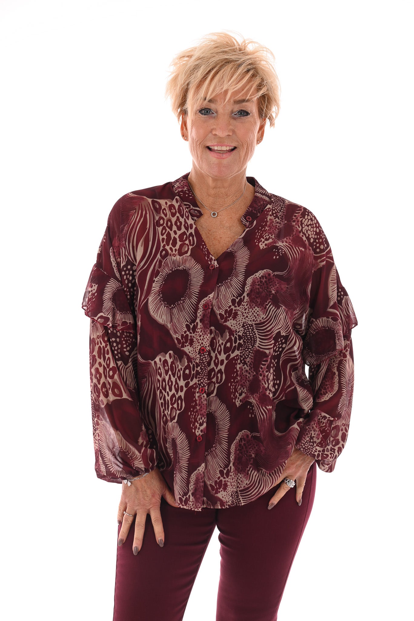 Doorknoop blouse mixed dierenprints bordeaux