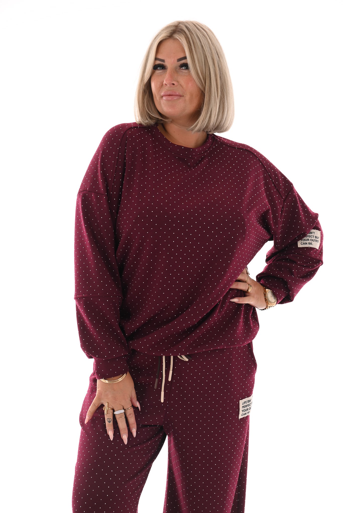 Tweedelig pak applicatie met strass bordeaux