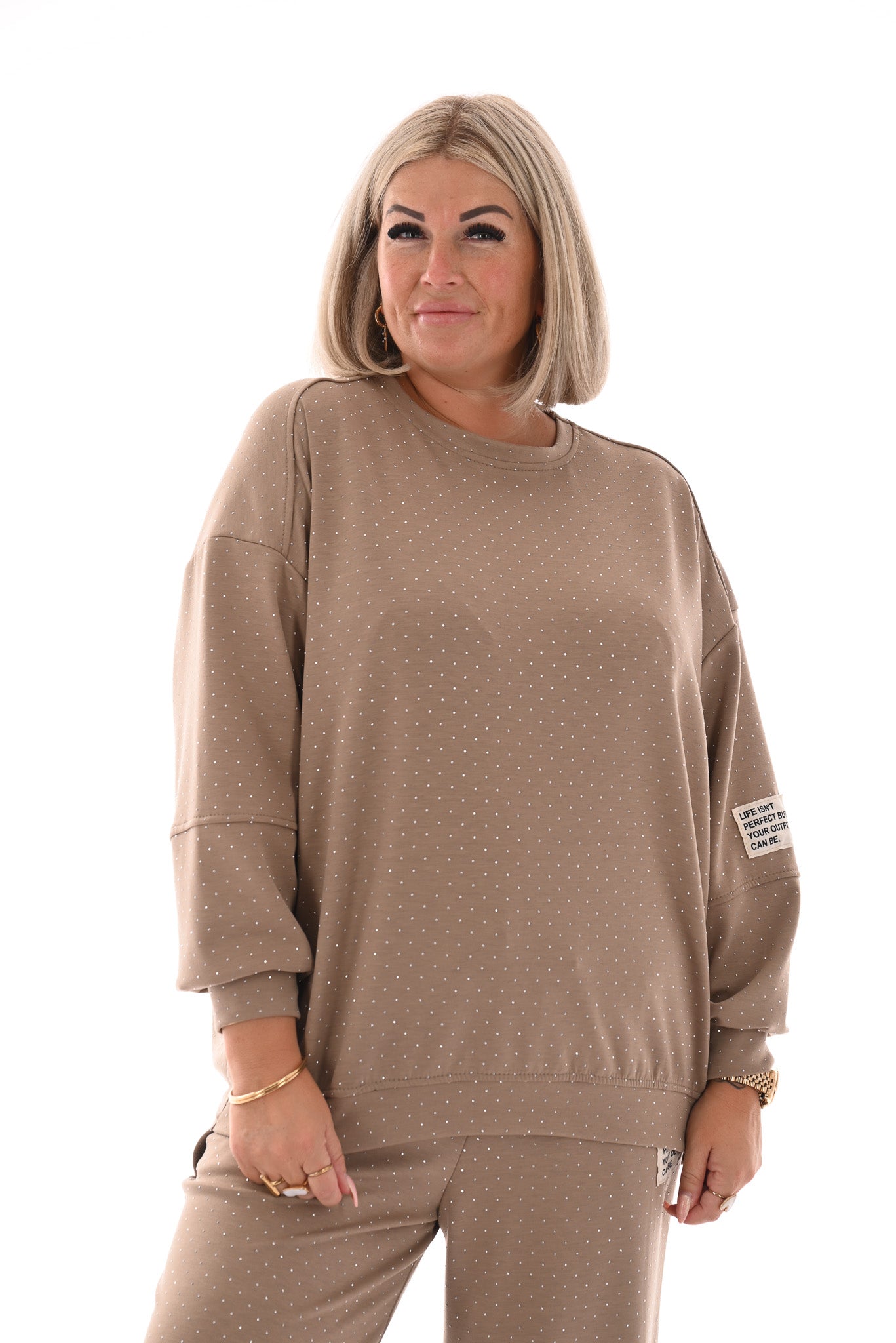 Tweedelig pak applicatie met strass taupe