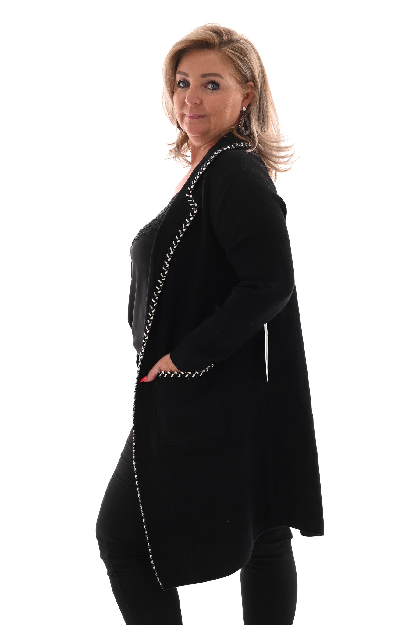 Half lang vest met kraag rand detail zwart